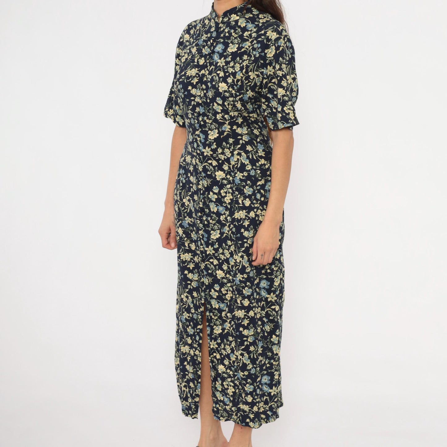 90s Express Navy Floral Maxi Dress Mandarin Collar Button Front Medium M
