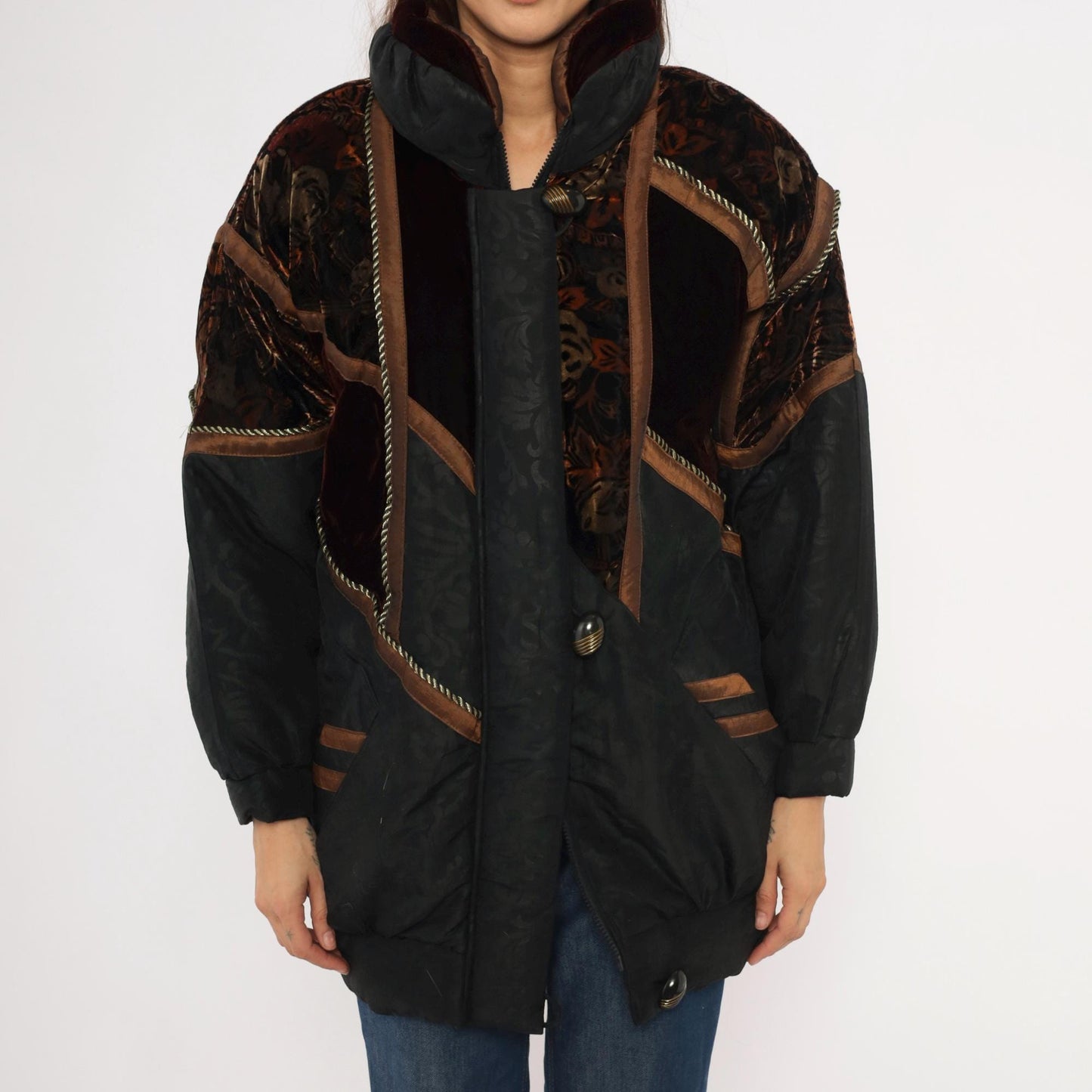 90s Frozen Dreams Velvet Patchwork Puffer Jacket Black Burgundy Extra Small
