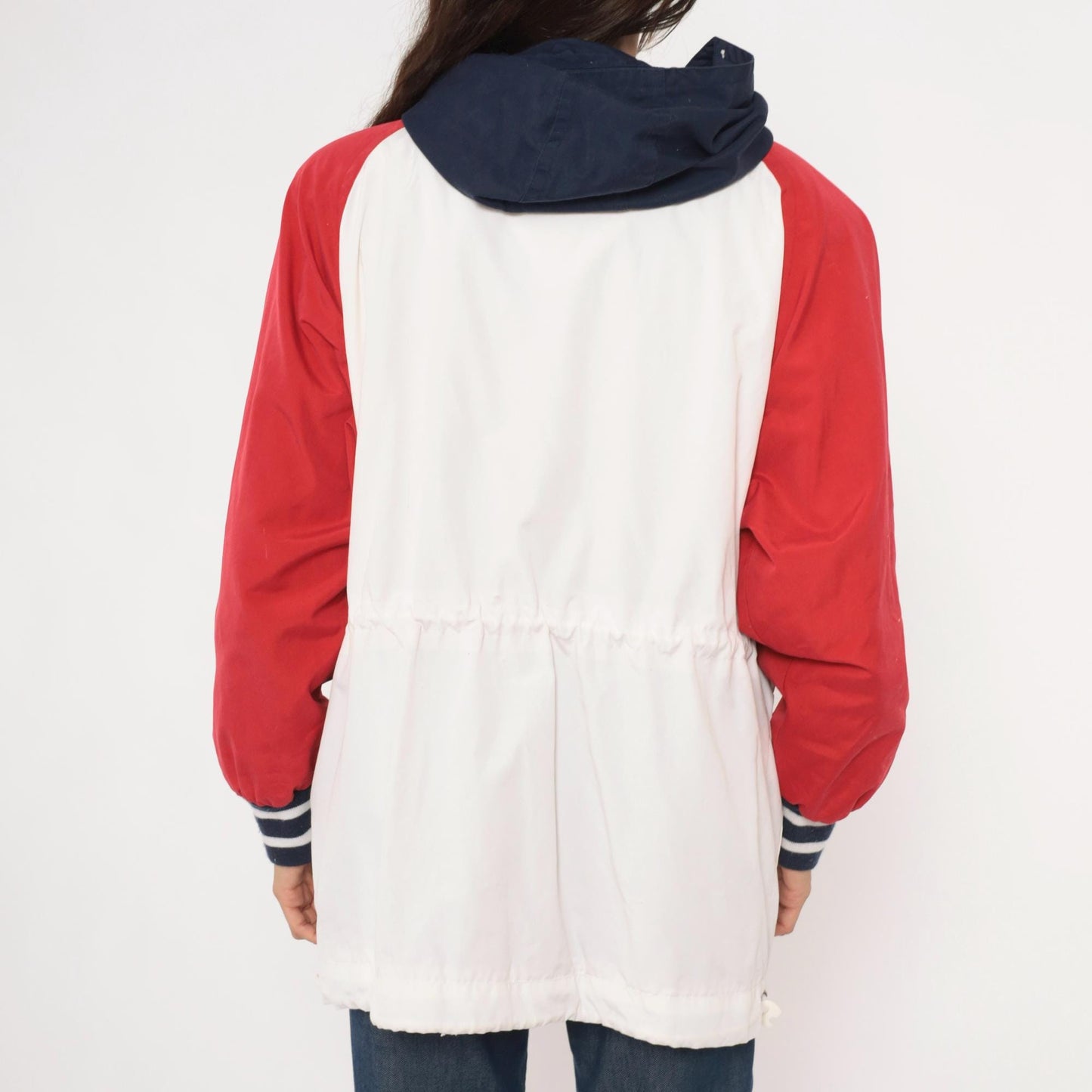 90s Mulberry Street Colorblock Windbreaker Hooded Snap Jacket White Red Navy Medium M