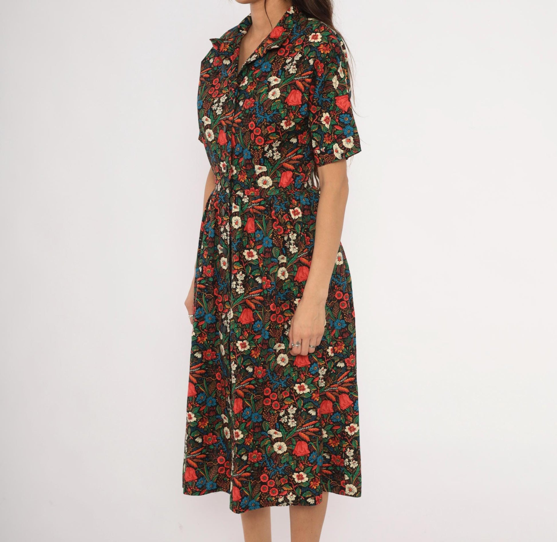 80s Black Floral Shirtdress Cotton Botanical Print Fitted Waist Small