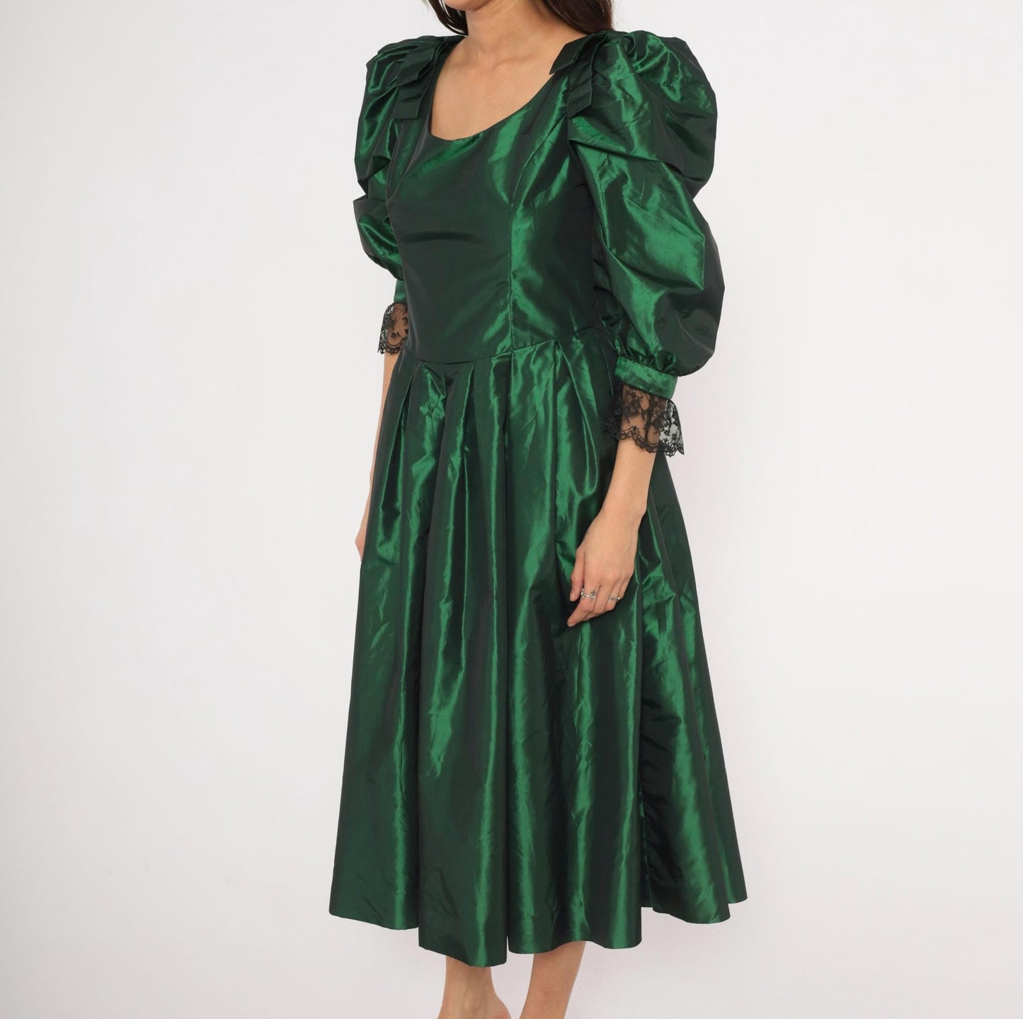 60s Emerald Taffeta Gown Puff Sleeve Forest Green Bow Shoulder Lace Cuff Large