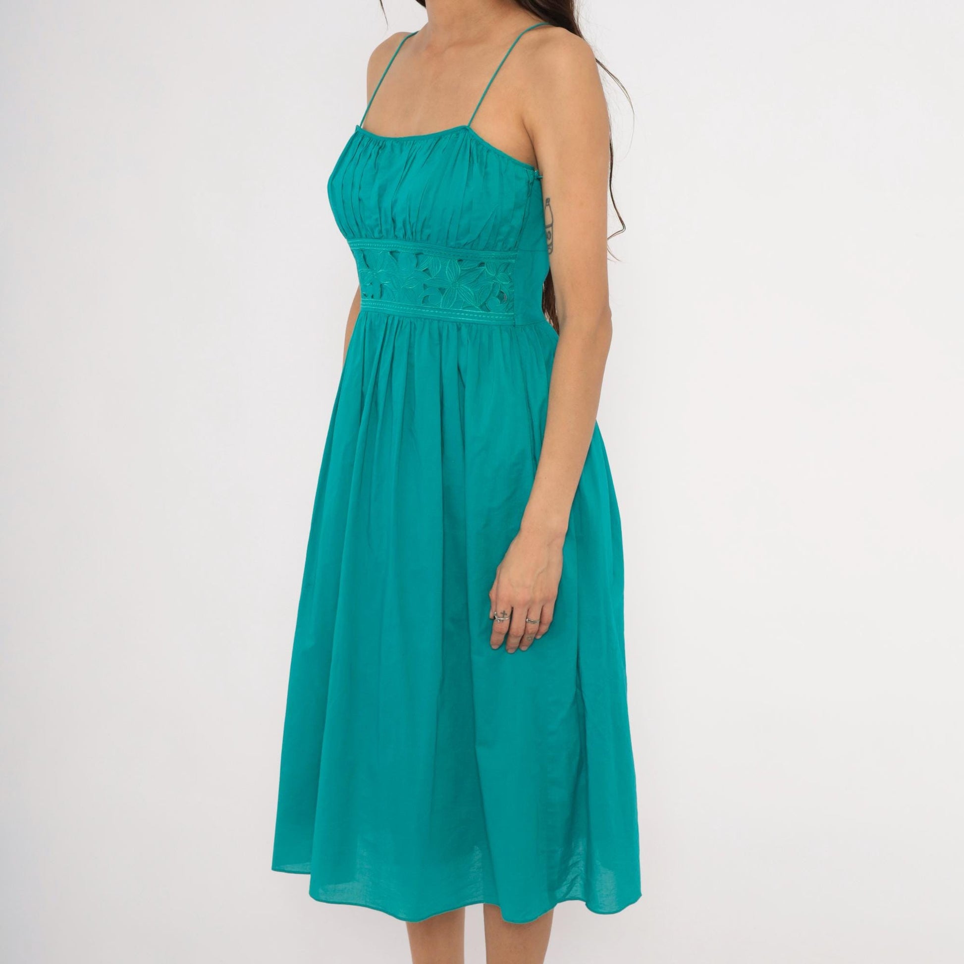 90s Jessica Howard Teal Midi Sundress Embroidered Eyelet Cotton Small