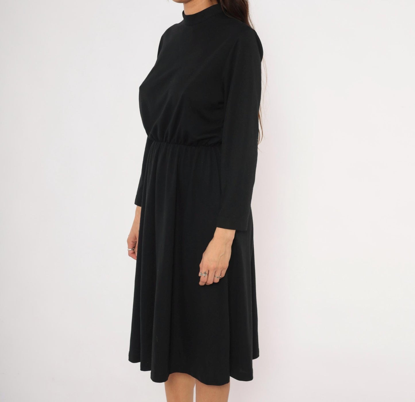 80s Philippe Marcel Black Mock Neck Dress Gathered Knee-Length Small Medium