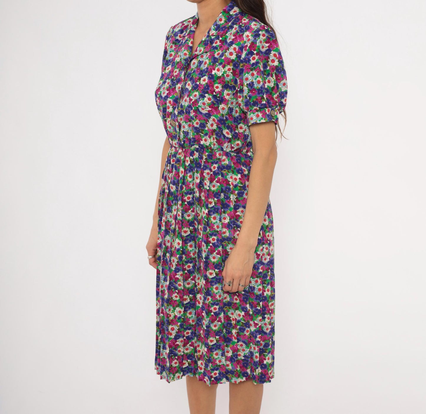 80s Winning Ticket Floral Shirtdress Purple Garden Print Puff Sleeve Small