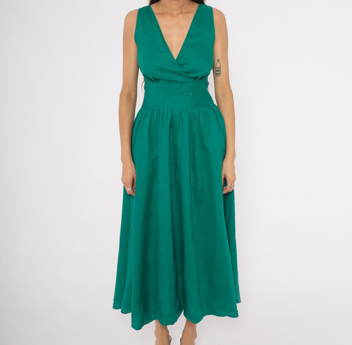 80s Kenar 2 Teal Linen Midi Dress Surplice V-Neck Sleeveless Small S
