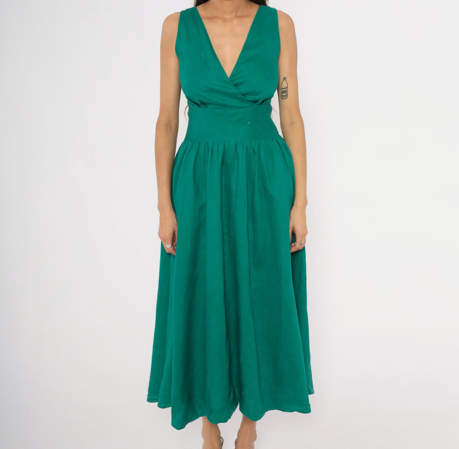 80s Kenar 2 Teal Linen Midi Dress Surplice V-Neck Sleeveless Small S