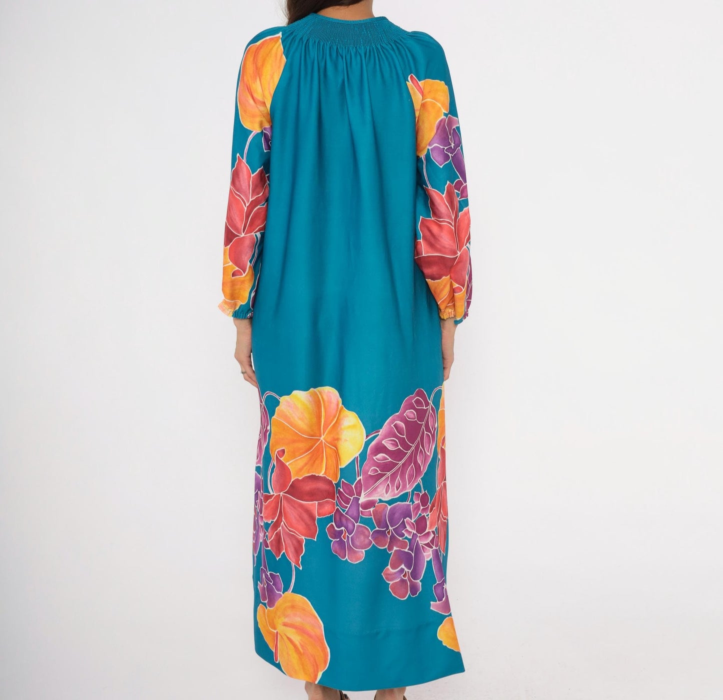 70s Teal Floral Caftan Maxi Dress Smocked Neckline Zip Front Medium M
