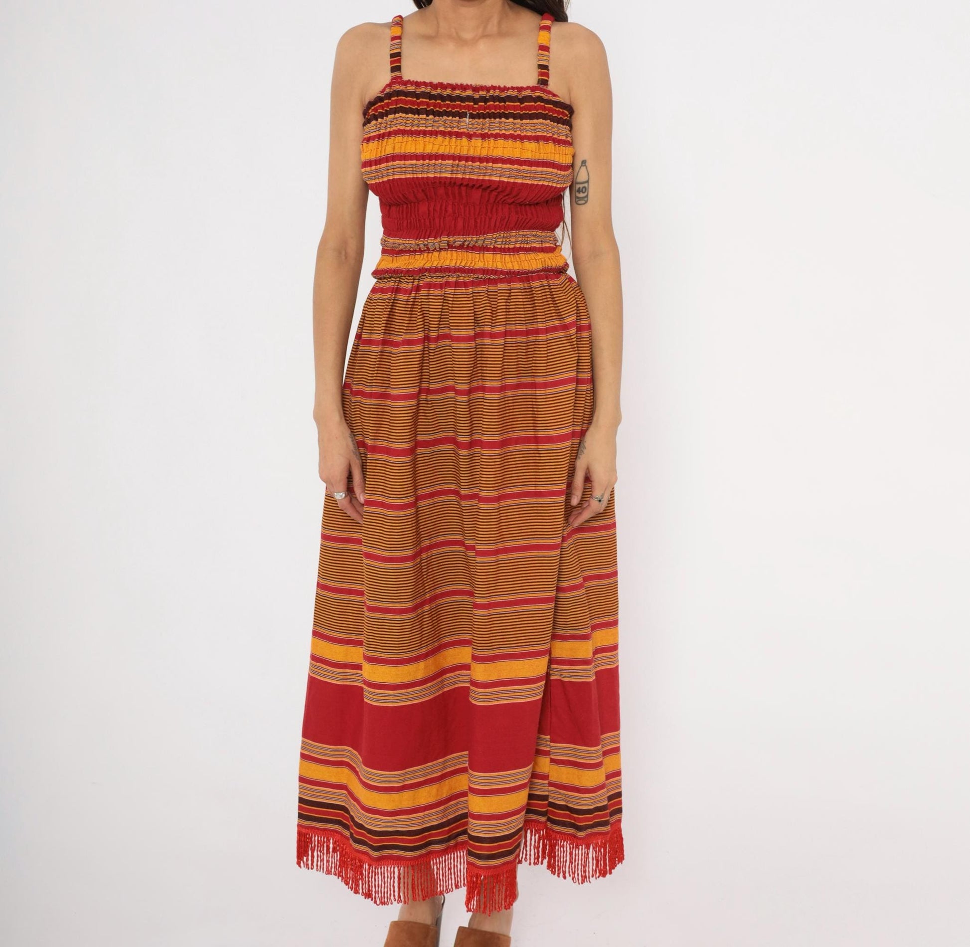 90s Striped Smocked Sundress Red Gold Fringe Hem Cotton Small