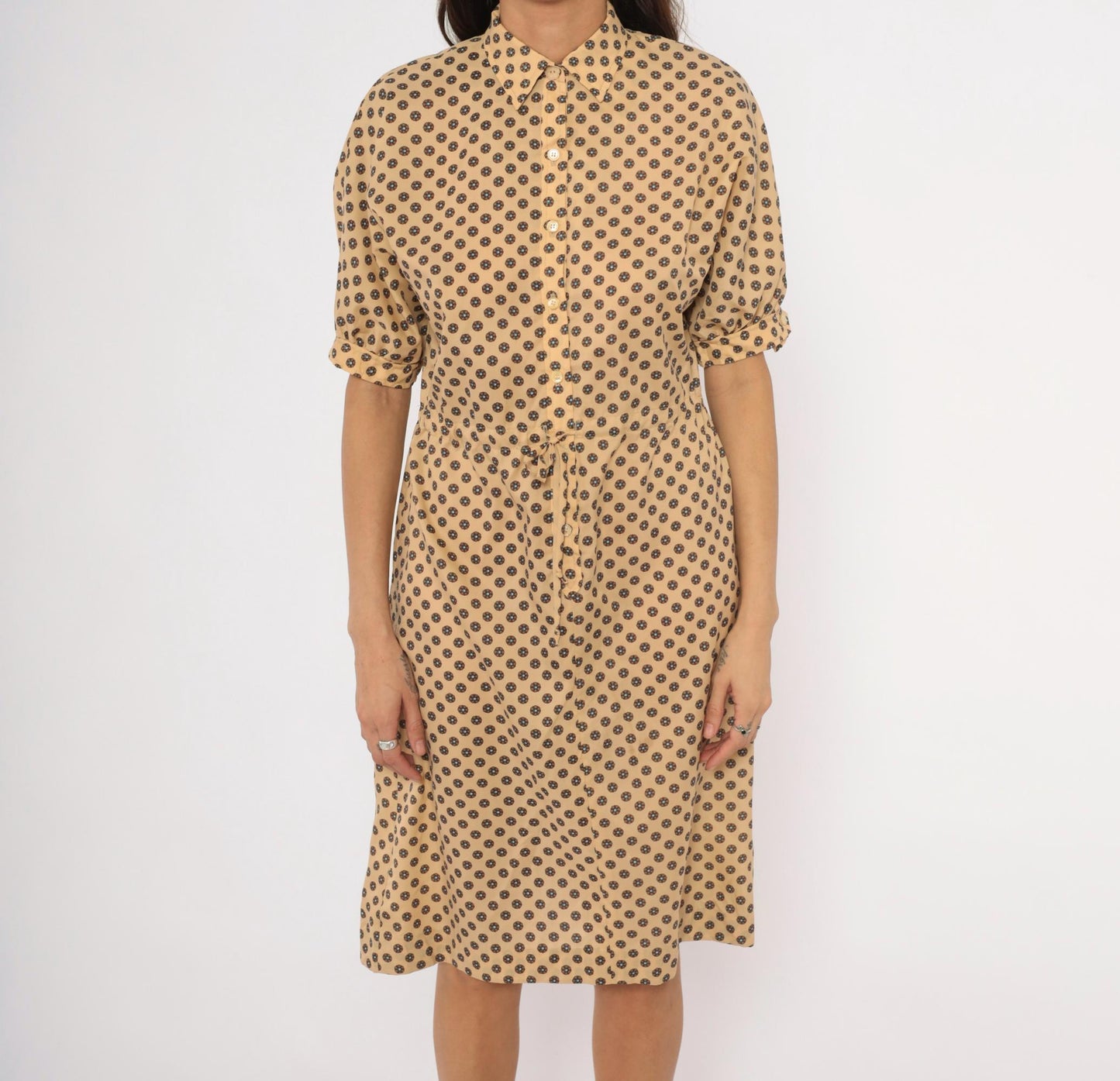 80s Kevin Stuart Petites Medallion Floral Shirtdress Tan Medium M