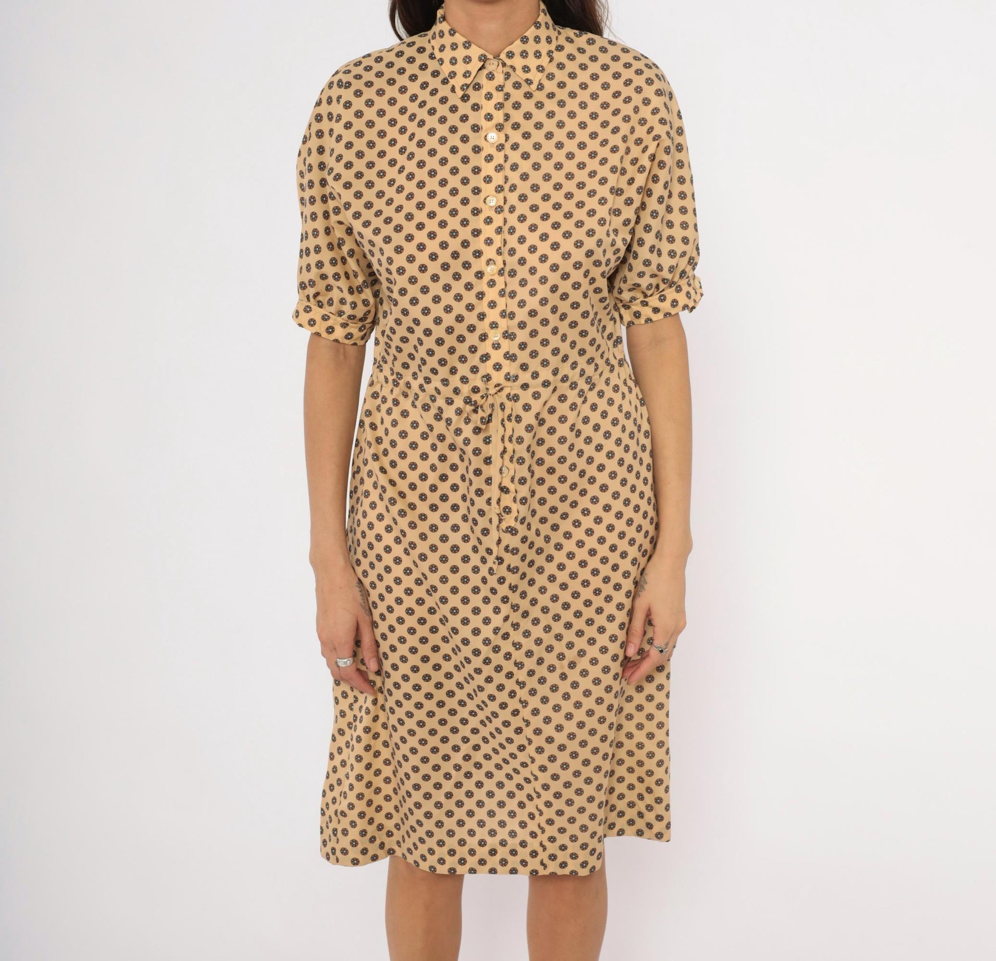 80s Kevin Stuart Petites Medallion Floral Shirtdress Tan Medium M