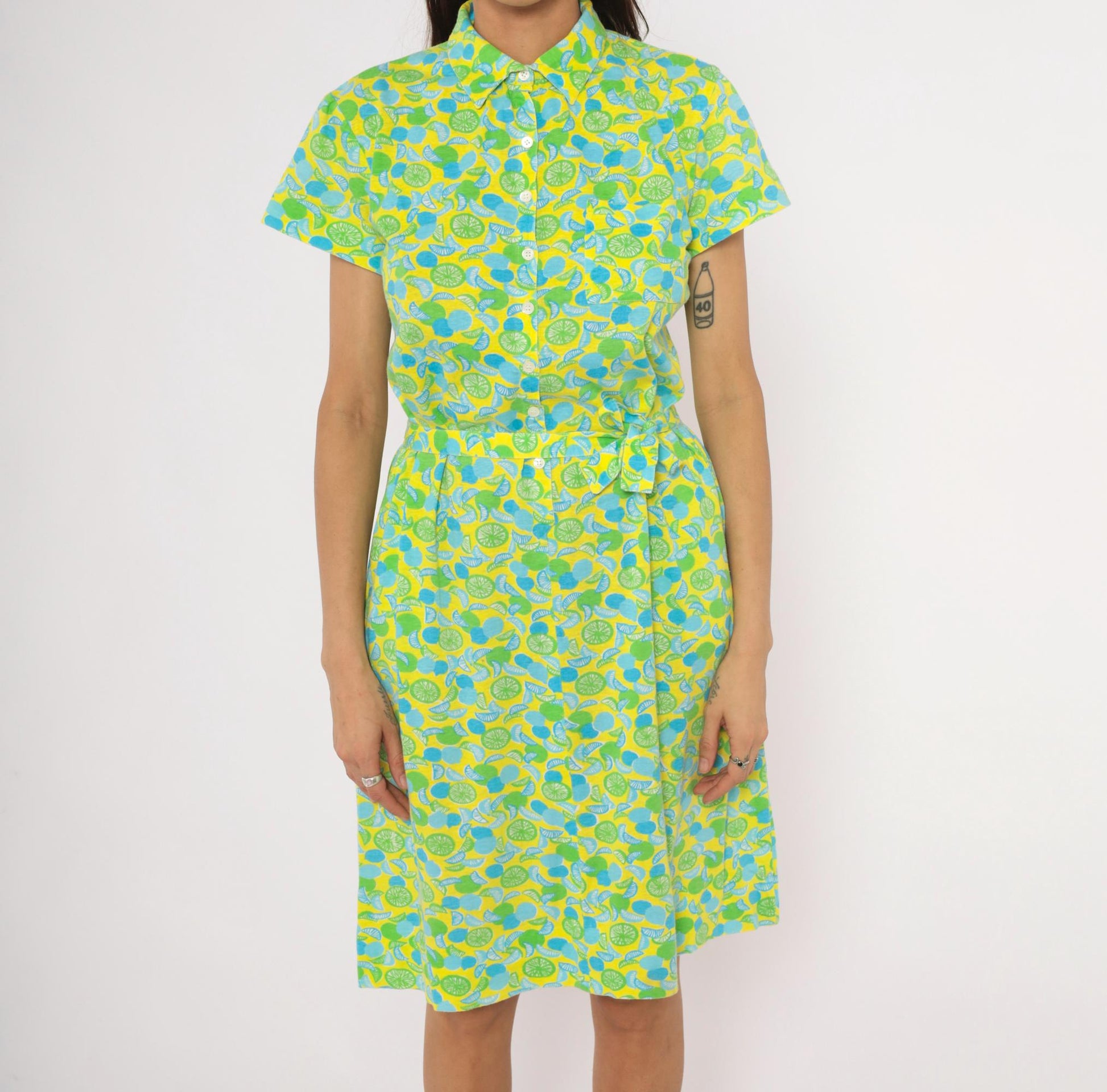 The Lilly Citrus Print Shirtdress Yellow Green Blue Knee-Length Cotton Medium