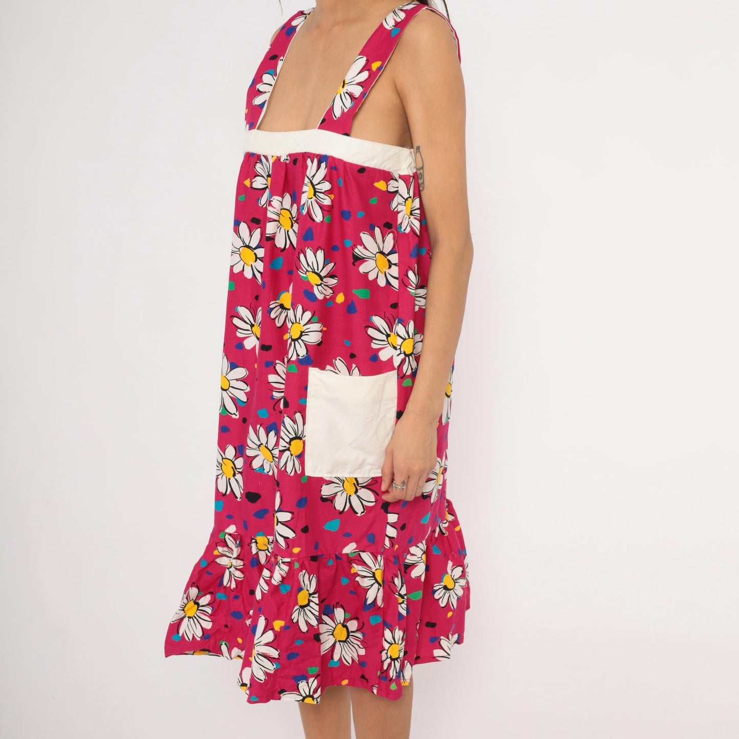 90s Fuchsia Daisy Print Cotton Sundress Square Neck Ruffle Pockets Small