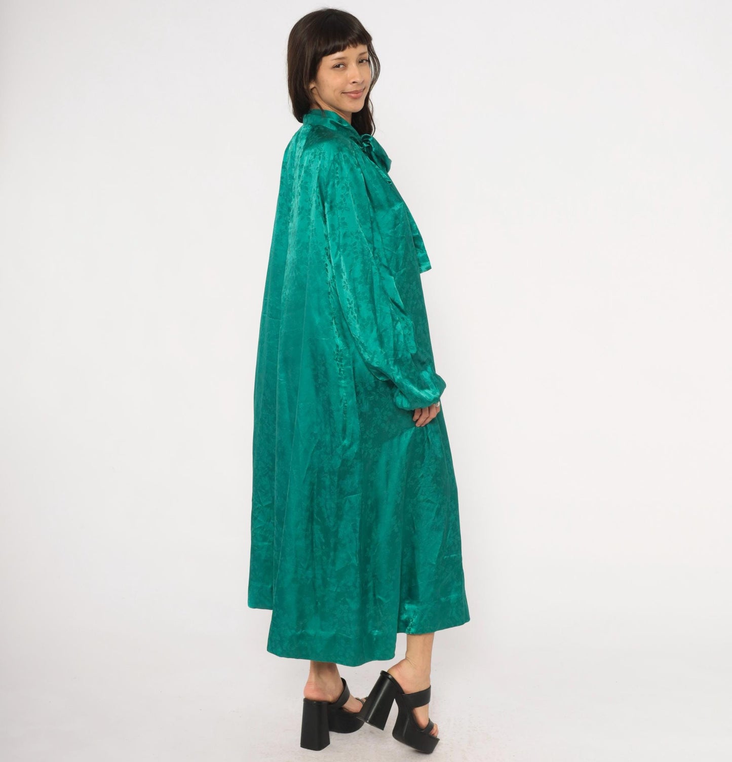 90s Teal Jacquard Maxi Dress Pussy Bow Balloon Sleeve Damask Emerald Extra Large