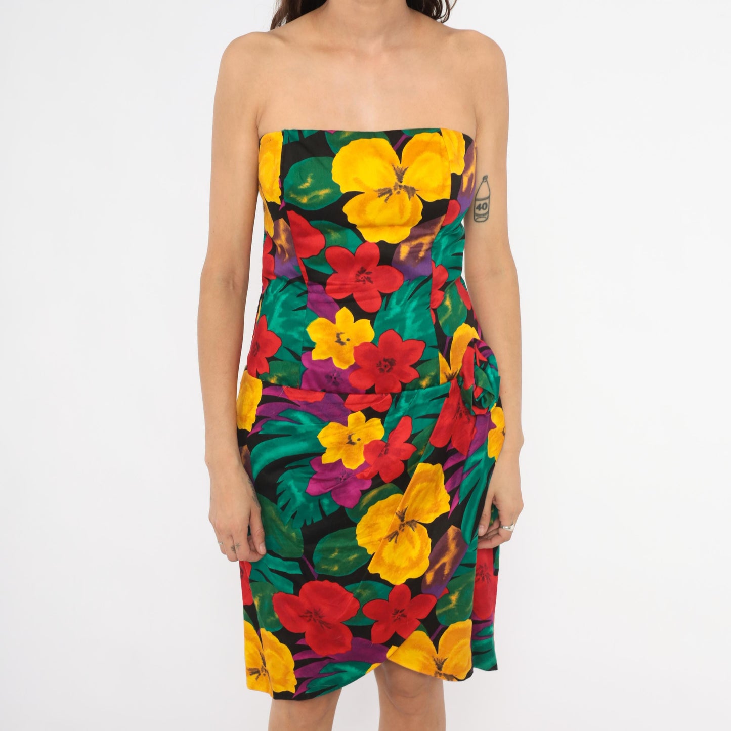 90s Positively Ellyn Tropical Floral Strapless Dress Knee-Length Wrap Skirt Large