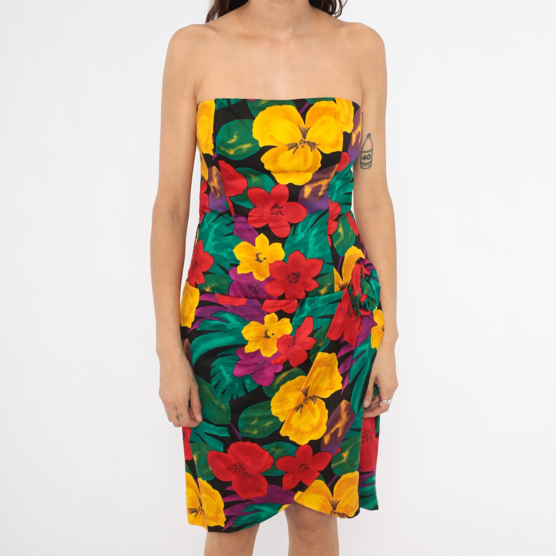 90s Positively Ellyn Tropical Floral Strapless Dress Knee-Length Wrap Skirt Large