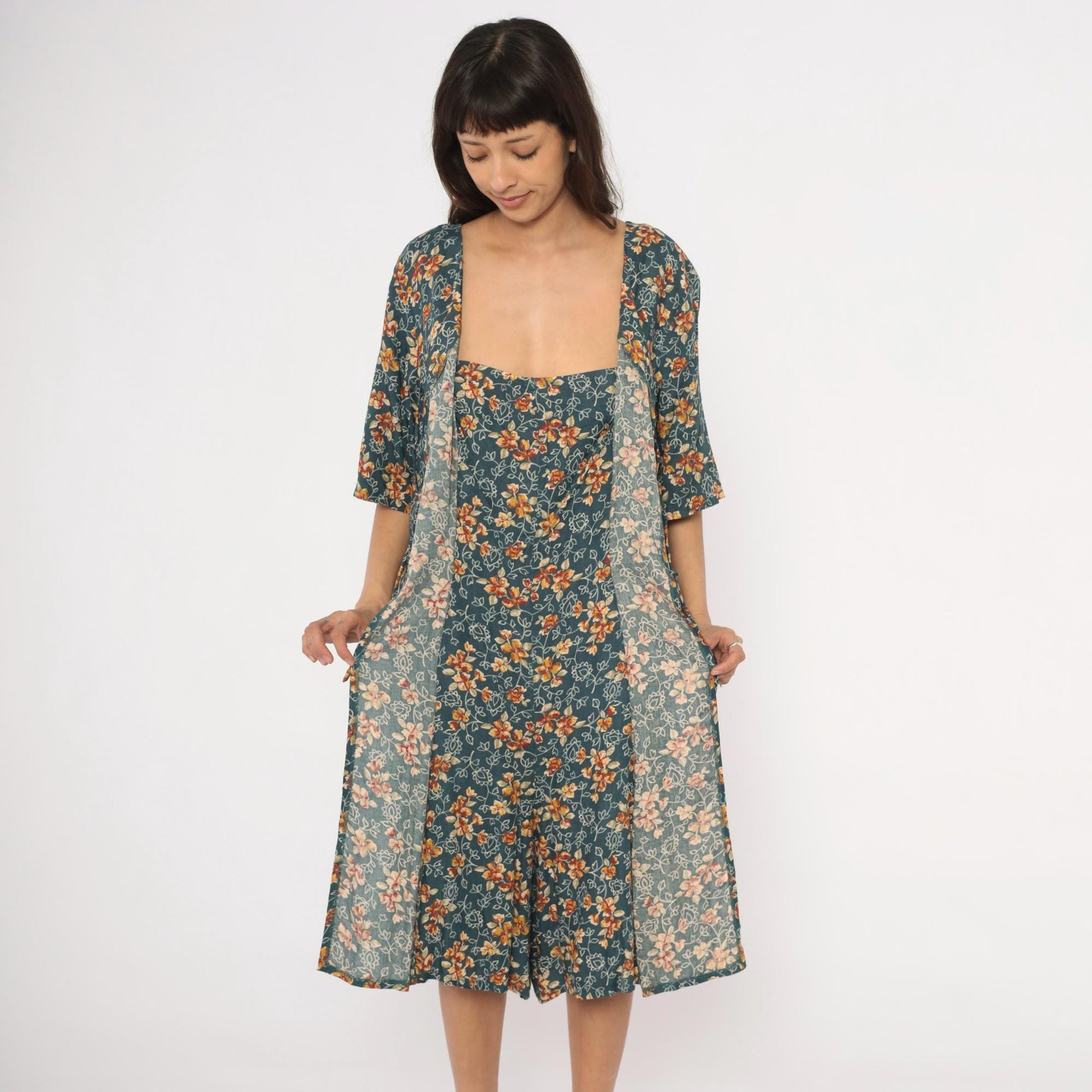 90s The Avenue Floral Midi Dress Teal Orange Flutter Sleeve Tie Front XXL