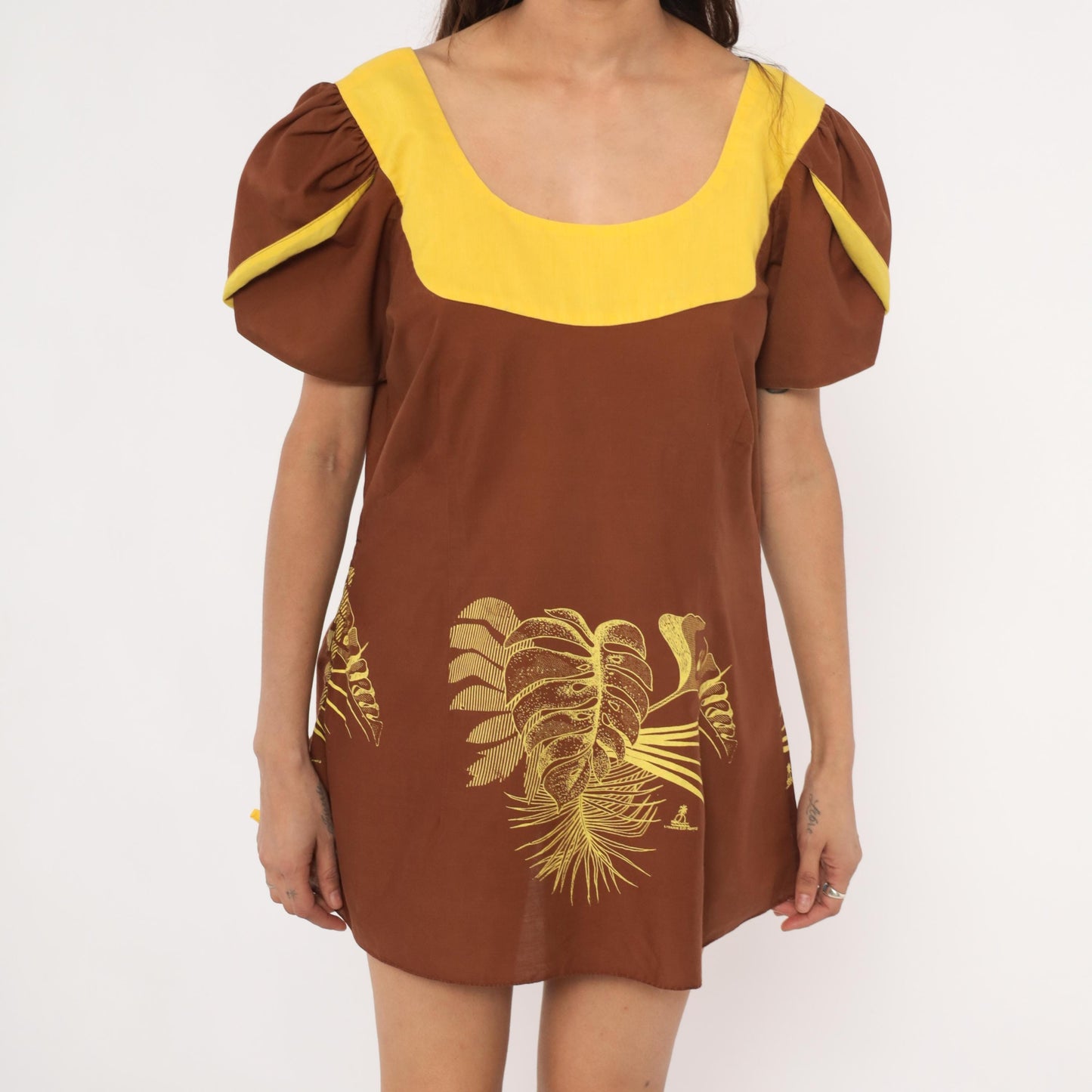 70s Tropical Monstera Puff Sleeve Mini Dress Brown Gold Small S