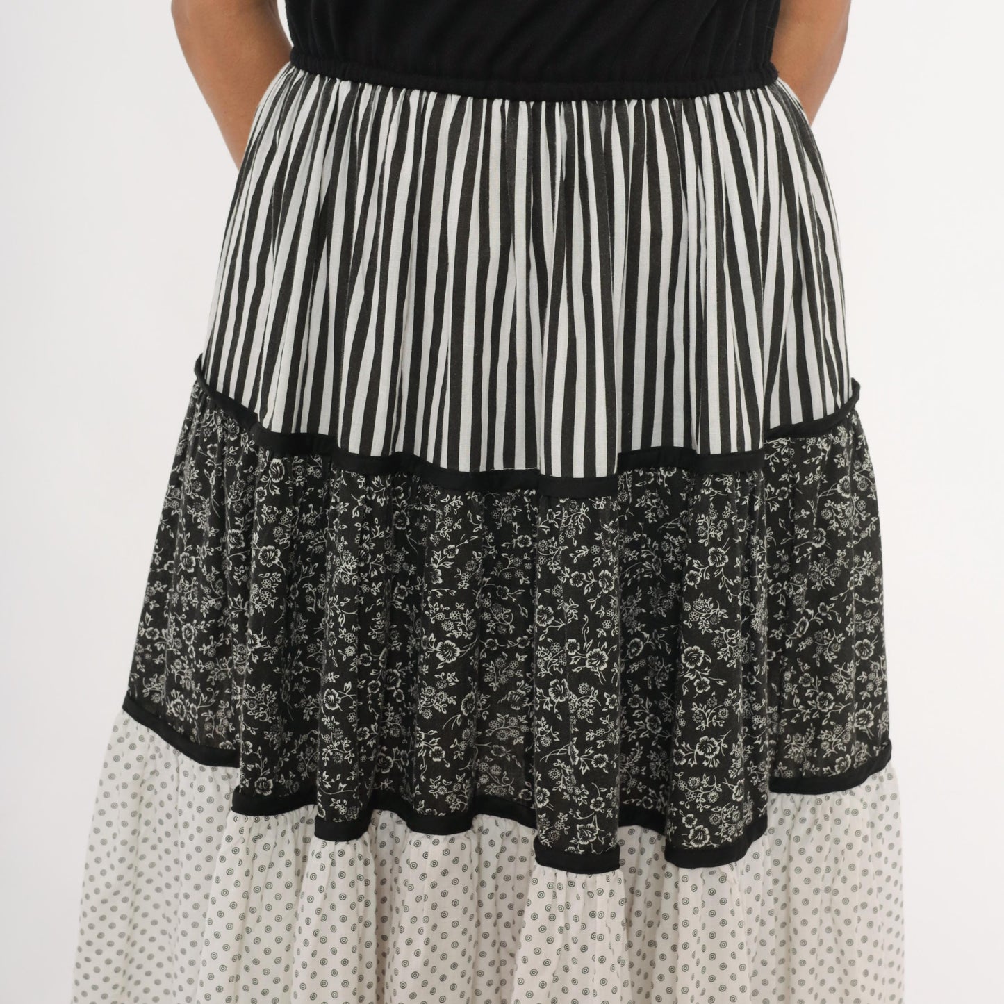 80s Mixed Print Tiered Sundress Black White Floral Striped Polka Dot Medium