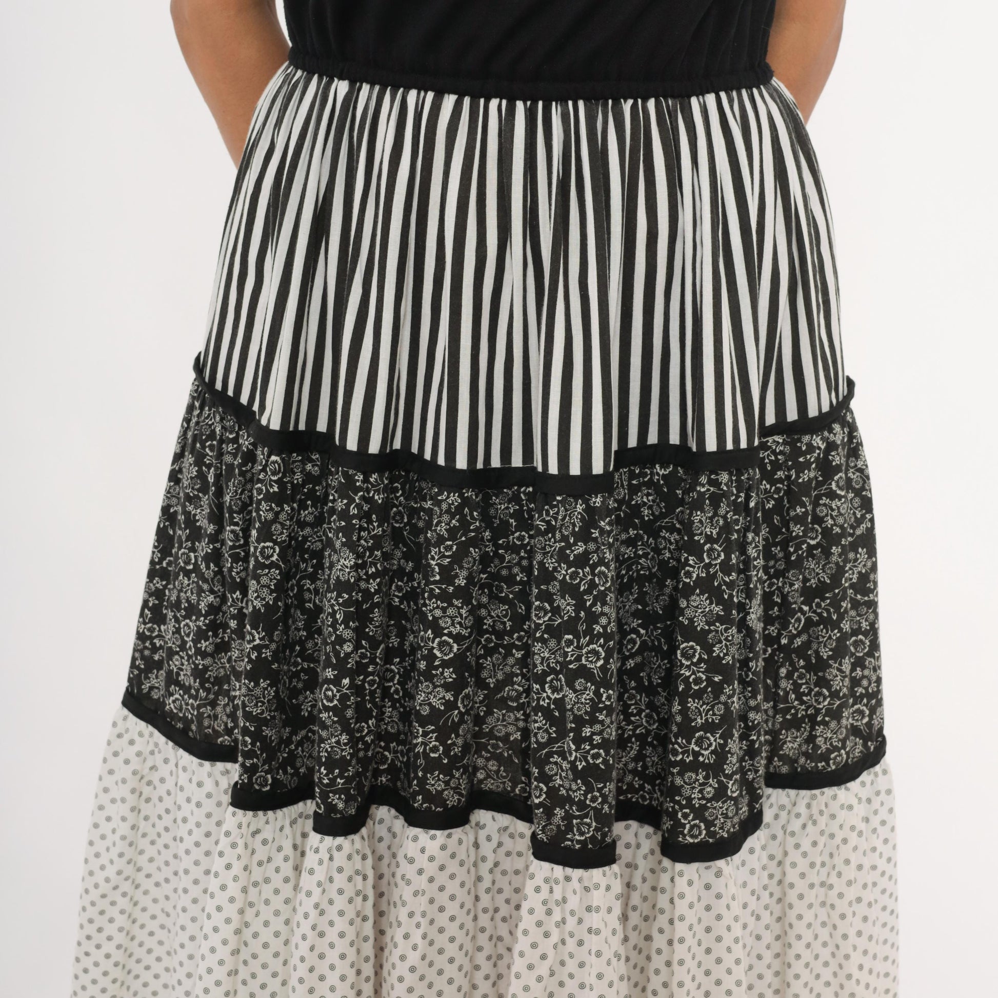 80s Mixed Print Tiered Sundress Black White Floral Striped Polka Dot Medium