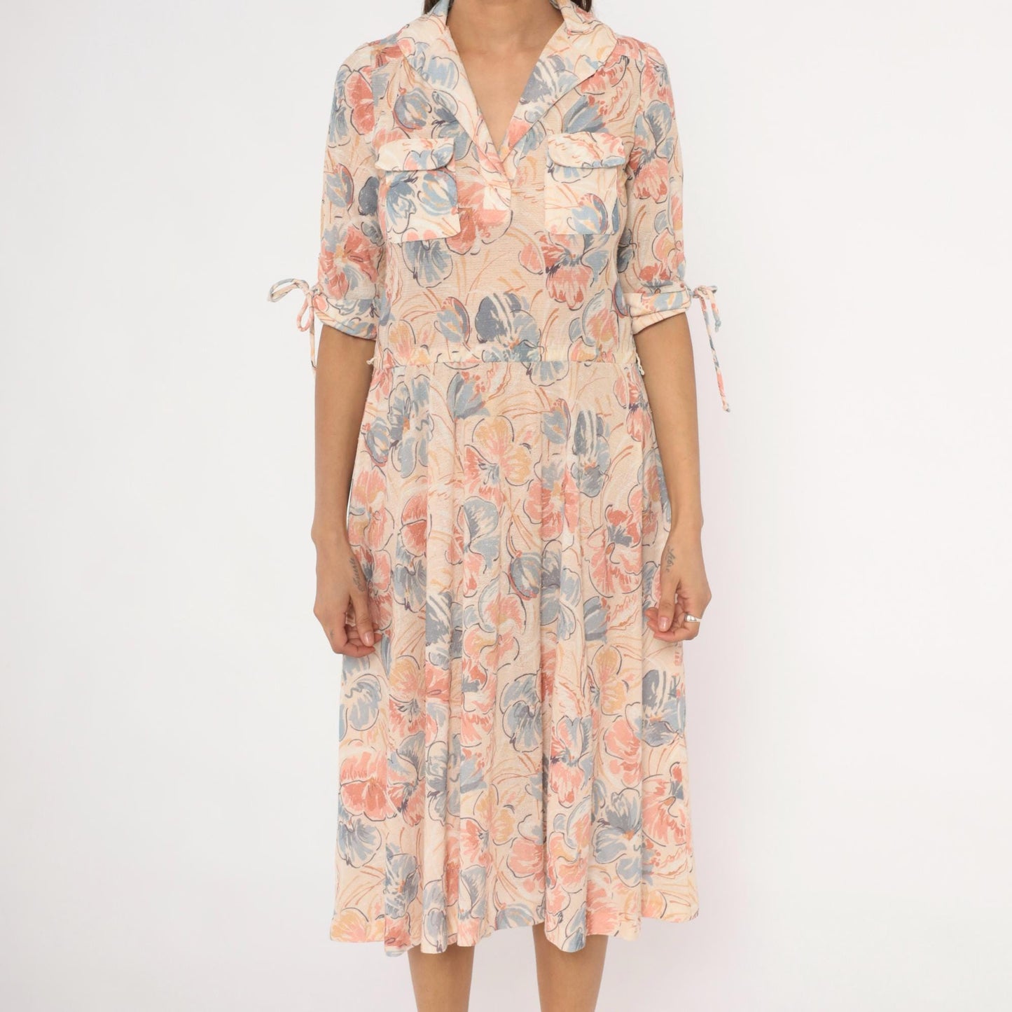 80s Watercolor Floral Midi Dress Notched Collar Tie Sleeve Cream Blush Small