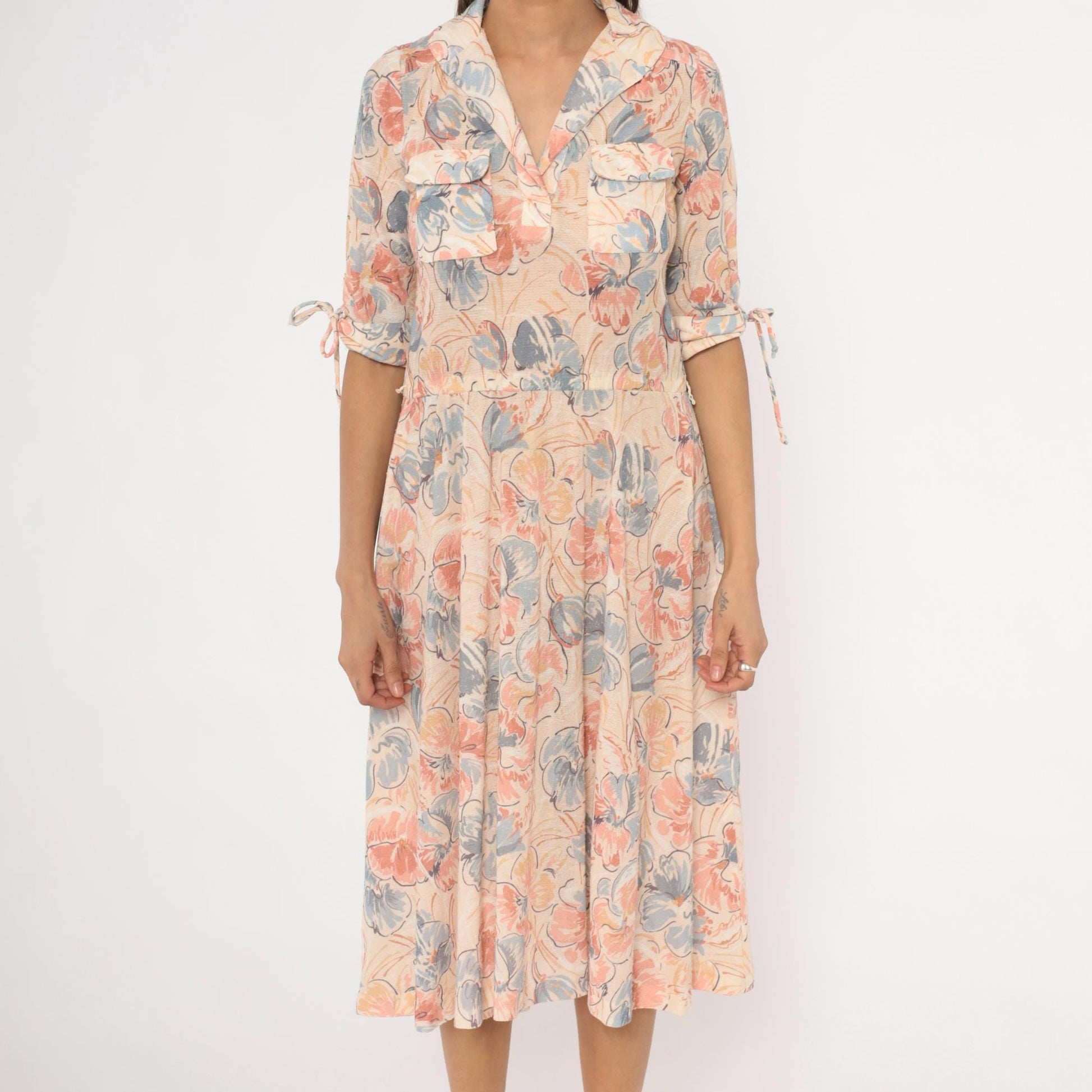 80s Watercolor Floral Midi Dress Notched Collar Tie Sleeve Cream Blush Small