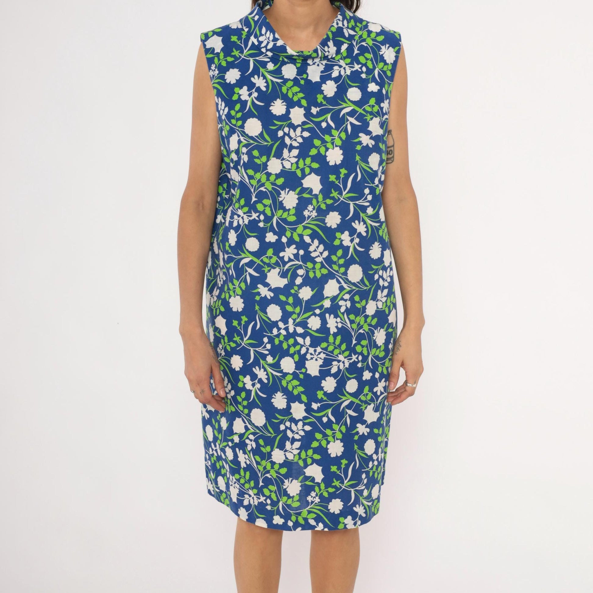 80s Mr. B California Blue Floral Shift Dress Cowl Neck Knee-Length Medium