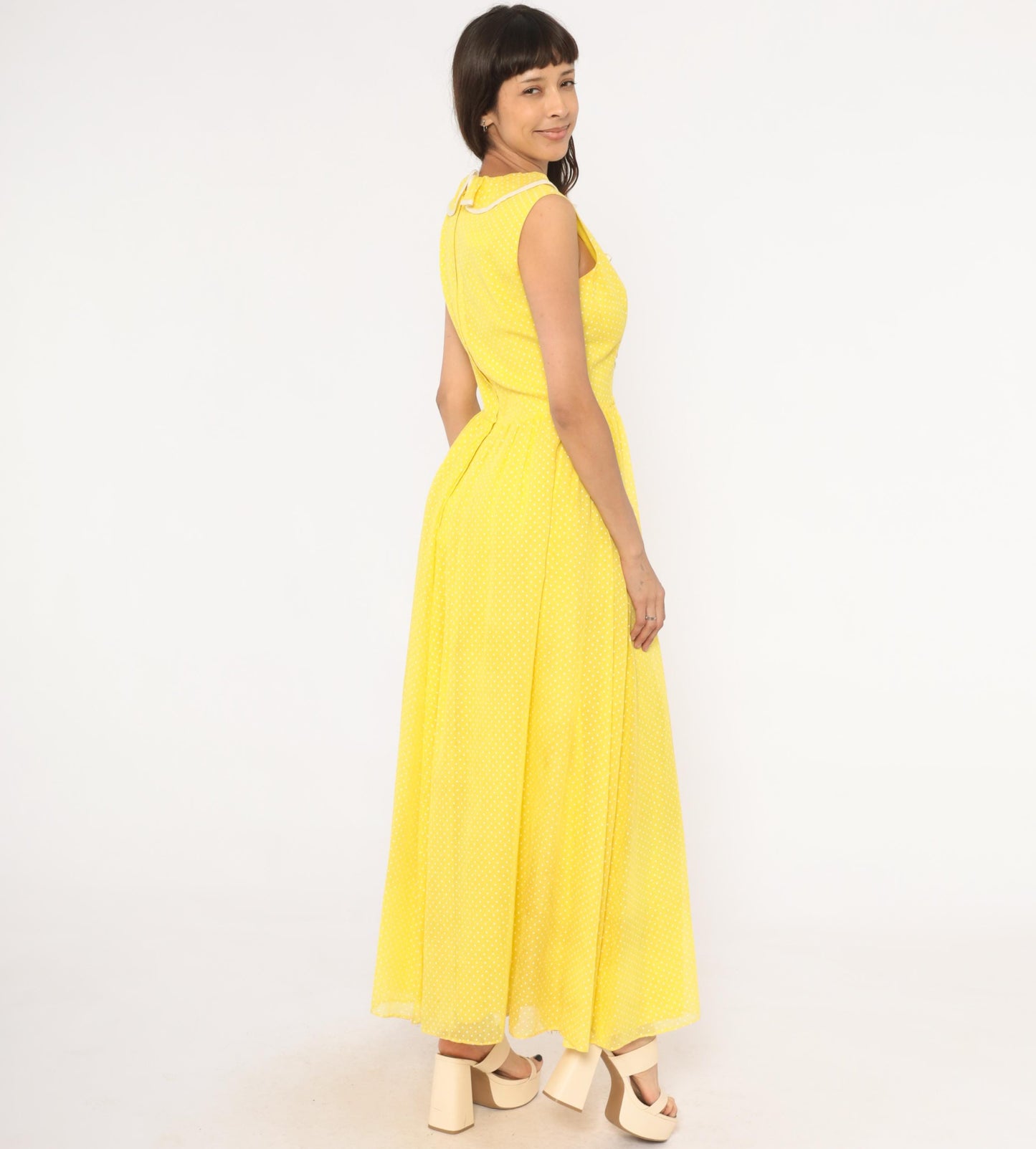 70s Miss Elliette Yellow Polka Dot Maxi Dress Ruffled V-Neck Medium M