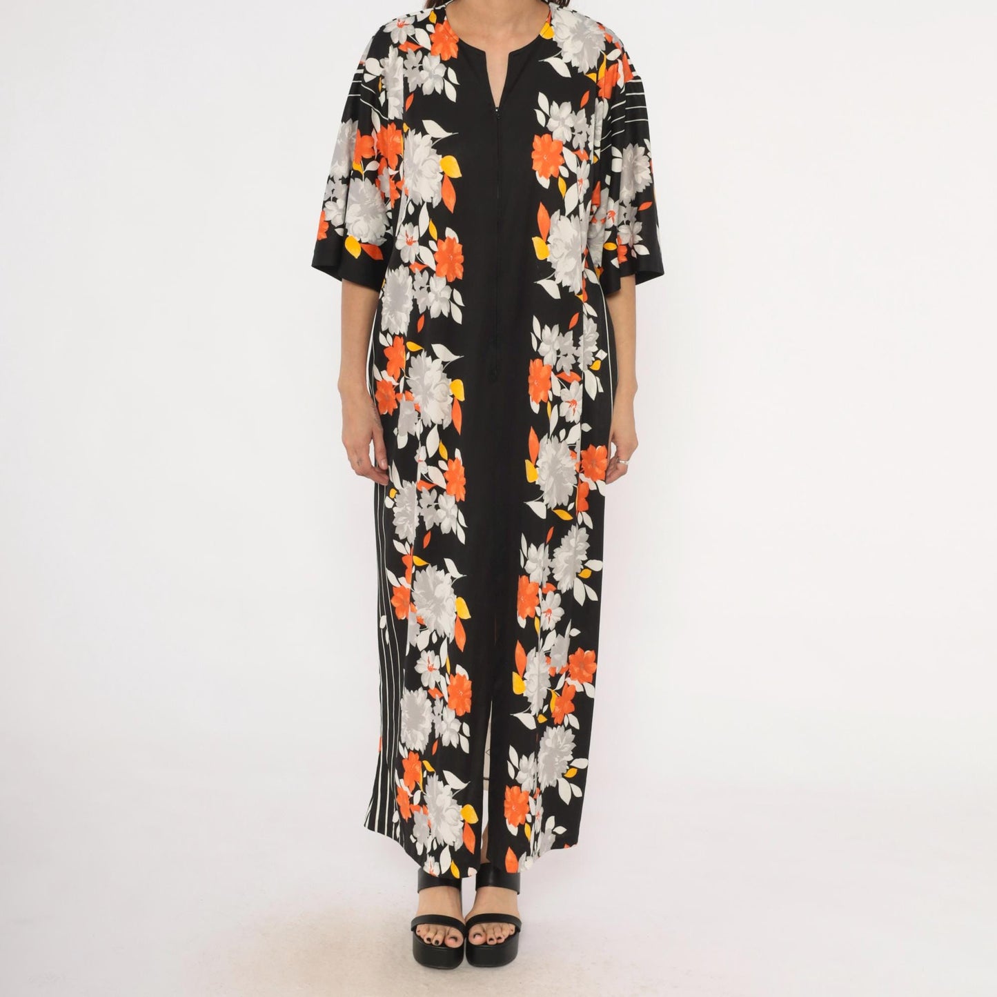 70s Miss Tique California Floral Kaftan Maxi Dress Black Orange Medium M