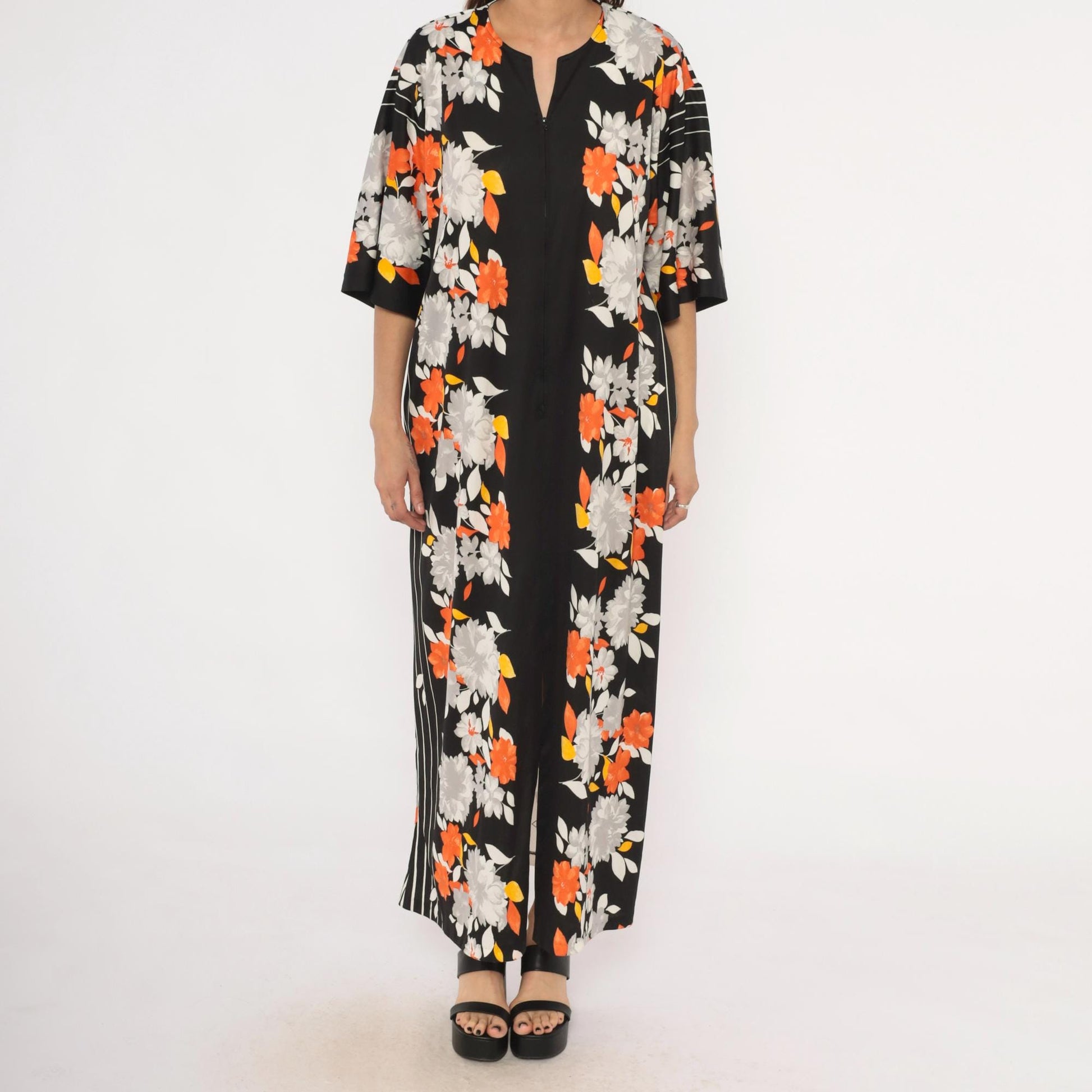 70s Miss Tique California Floral Kaftan Maxi Dress Black Orange Medium M