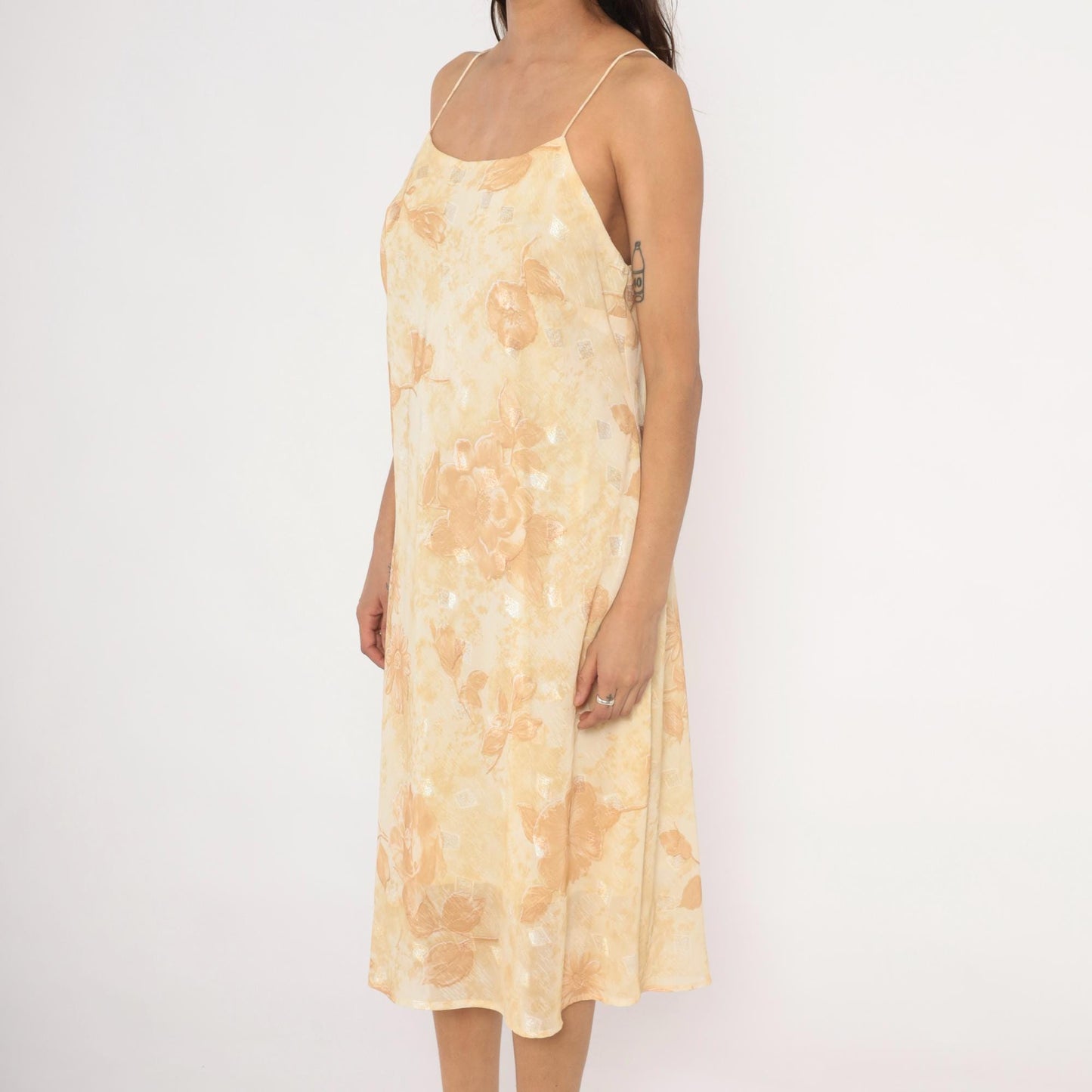 00s Dress-U-Ii Gold Floral Slip Dress Midi Cream Rose Print Spaghetti Strap Large L