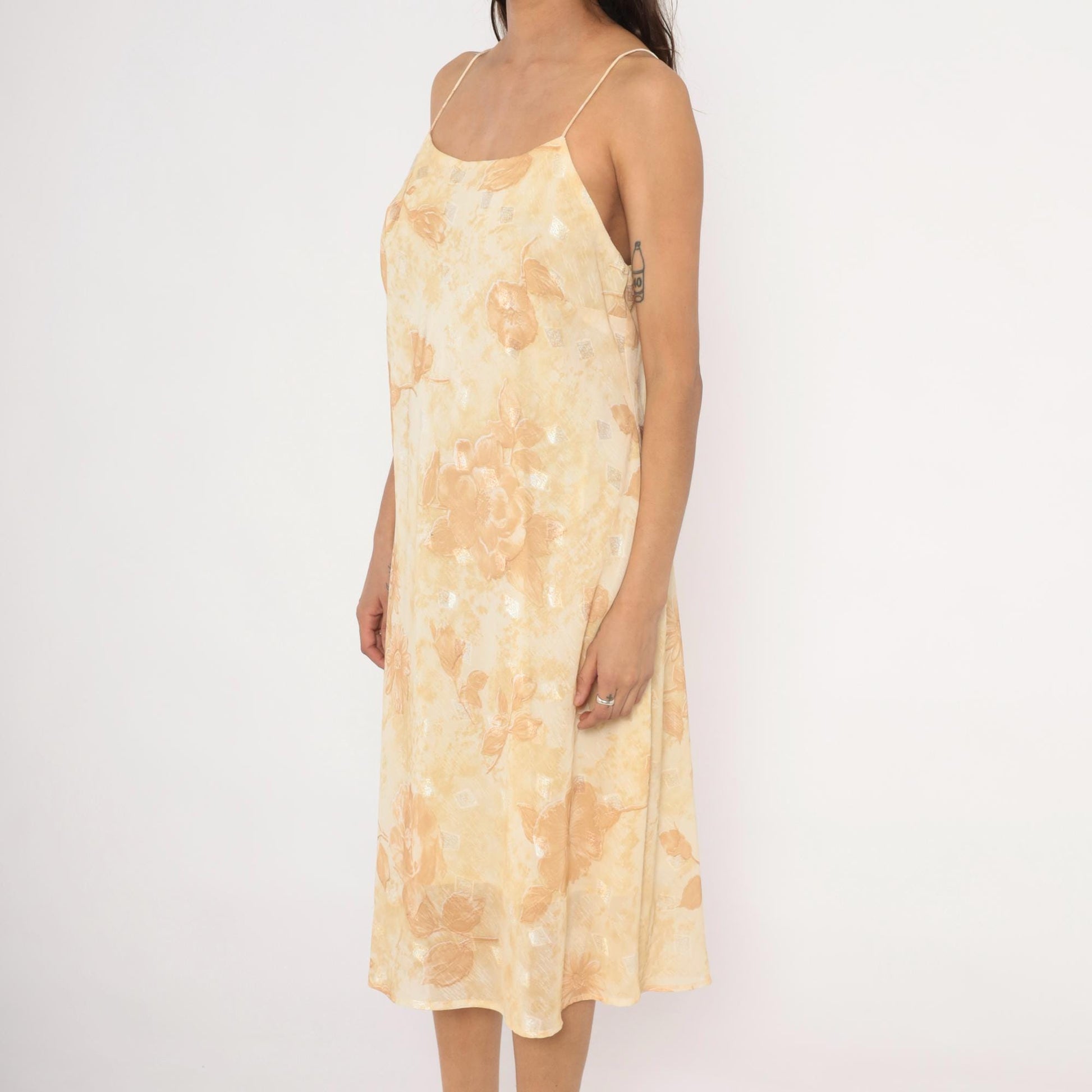 00s Dress-U-Ii Gold Floral Slip Dress Midi Cream Rose Print Spaghetti Strap Large L