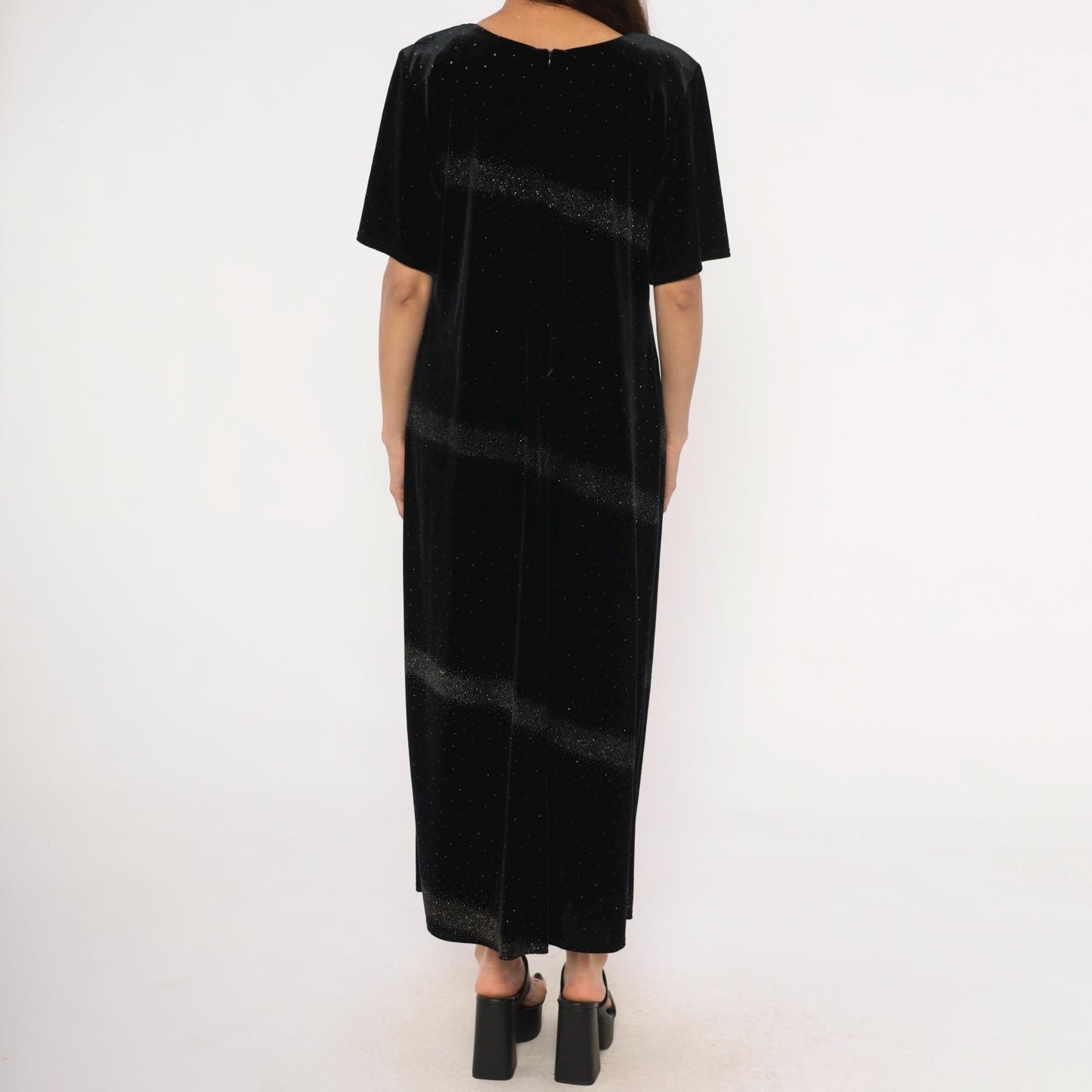 90s Jessica Howard Black Velvet Maxi Dress Glitter Scoop Neck Short Sleeve Large L