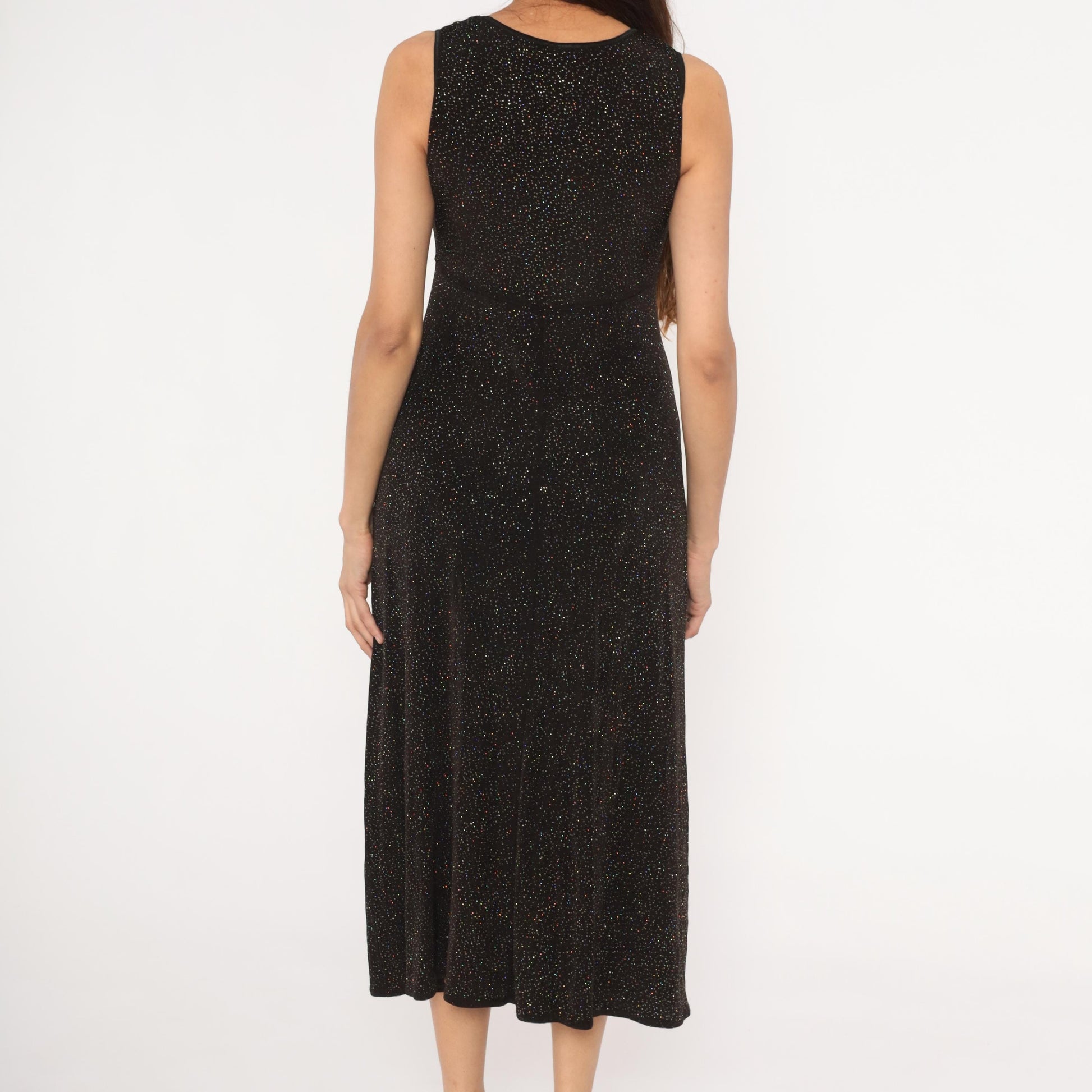90s Rabbit Designs Black Glitter Maxi Dress Scoop Neck Empire Waist Medium M