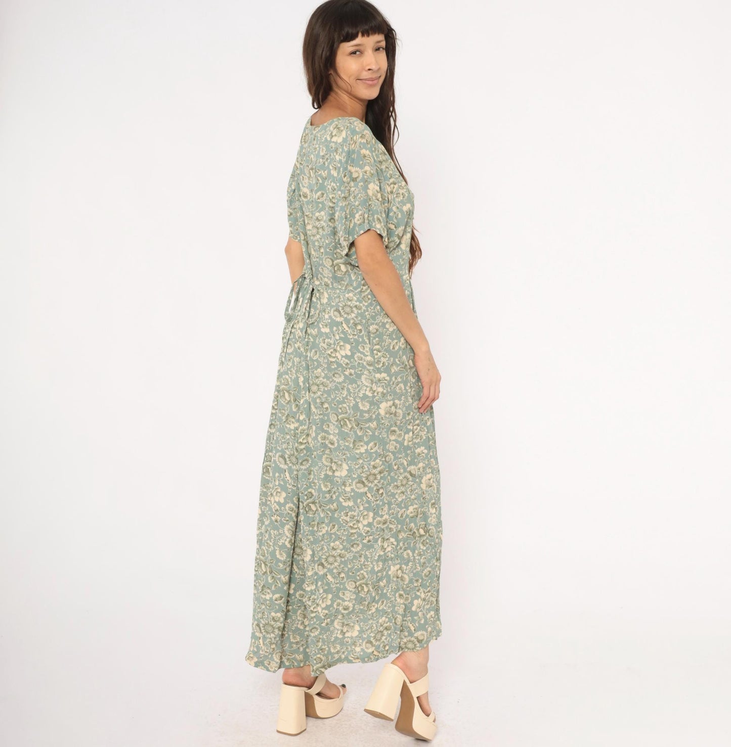90s April Cornell Floral Maxi Dress Teal Cream V-Neck Short Sleeve Large L