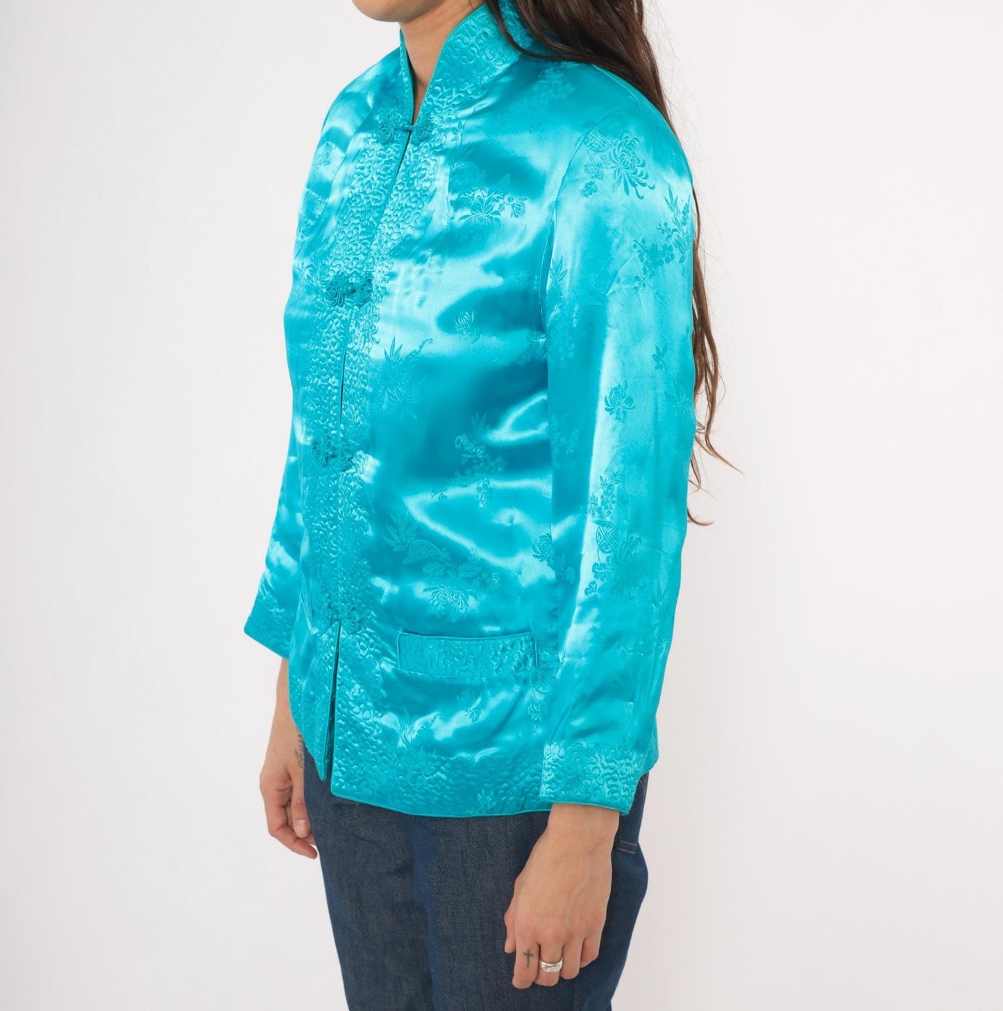 80s Peony Turquoise Silk Jacket Mandarin Collar Frog Button Floral Brocade Small S
