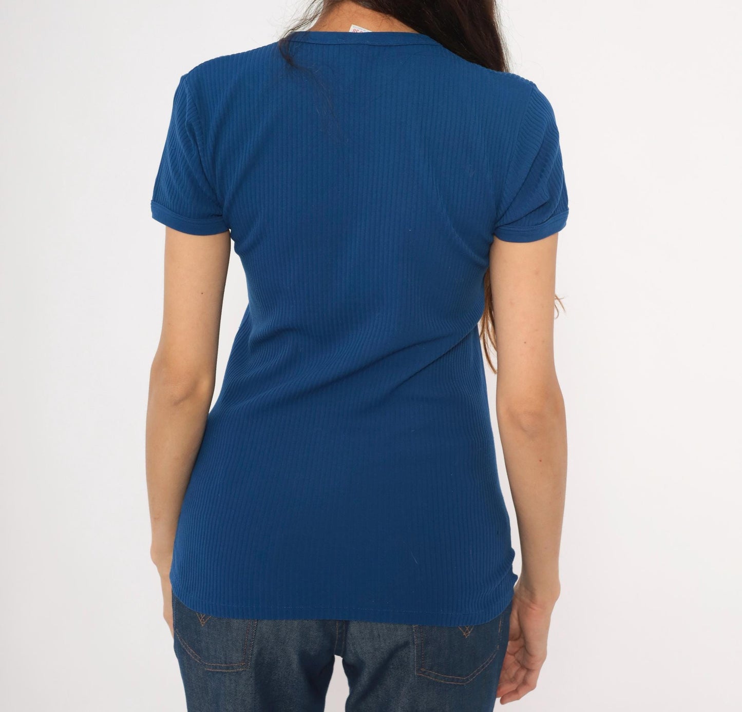 70s St Michaels Cobalt Ribbed Knit Crew Neck Tee Short Sleeve Small Medium