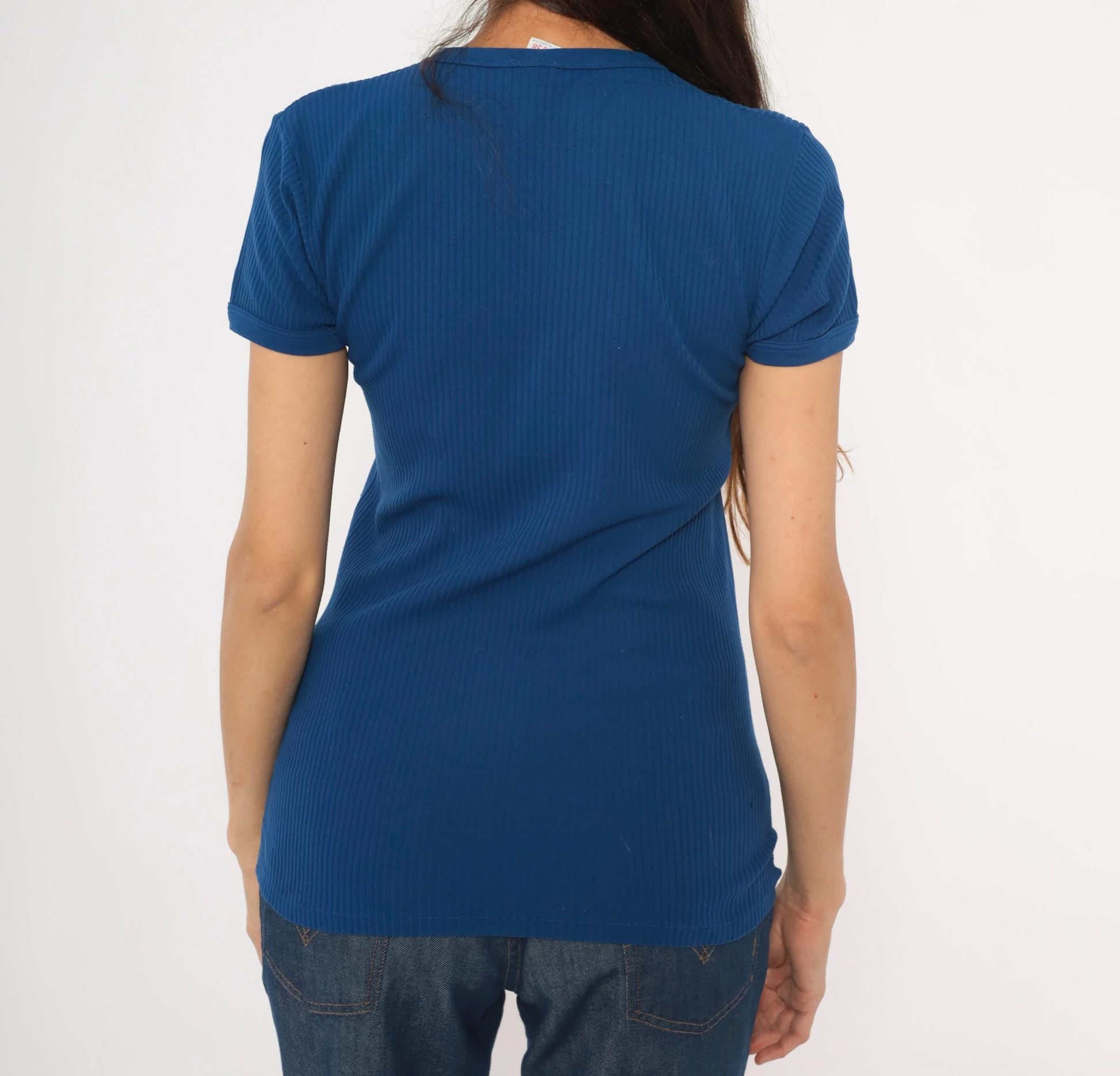 70s St Michaels Cobalt Ribbed Knit Crew Neck Tee Short Sleeve Small Medium