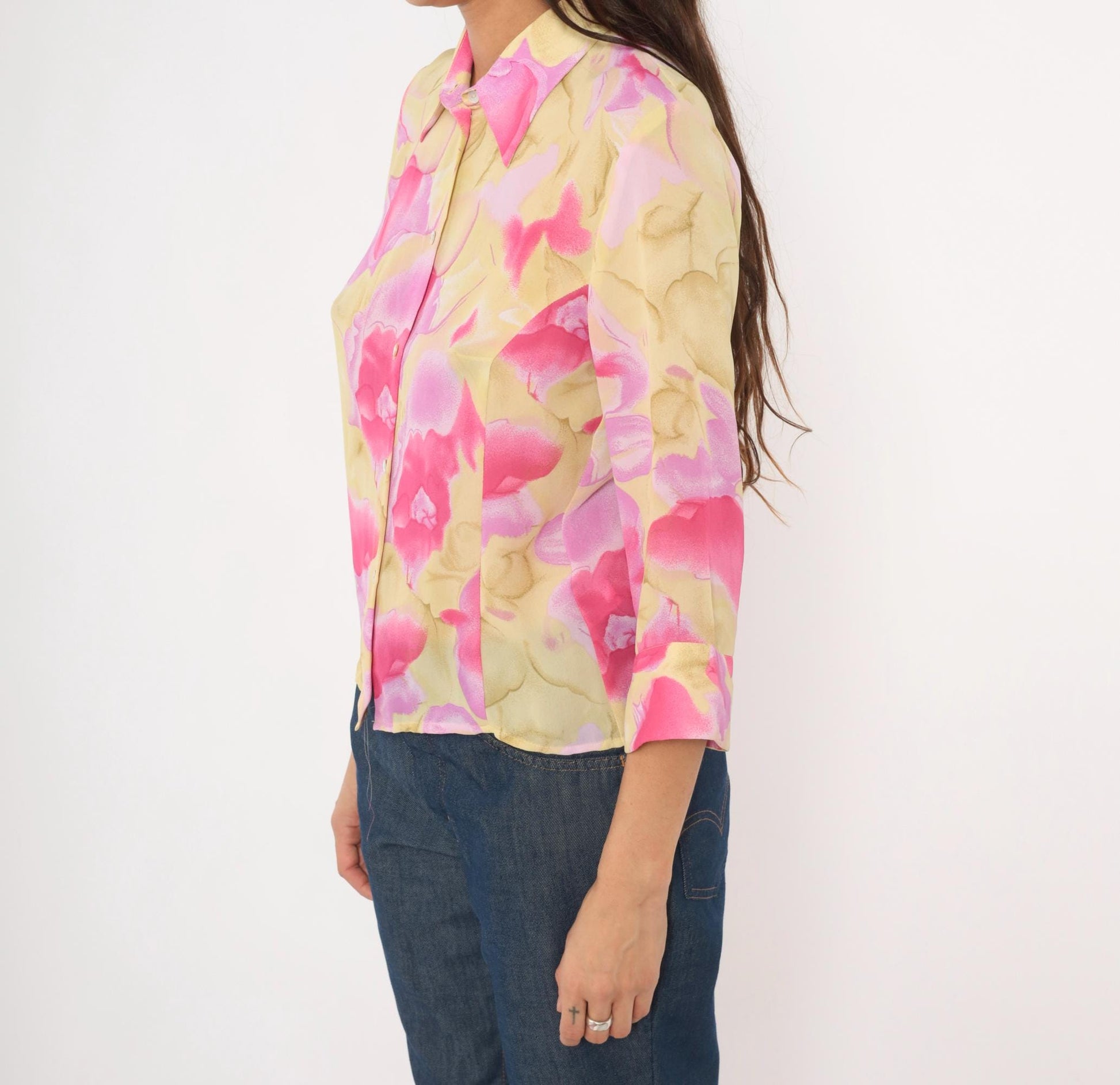 90s Caviar Watercolor Floral Sheer Blouse Pink Pointed Collar Small