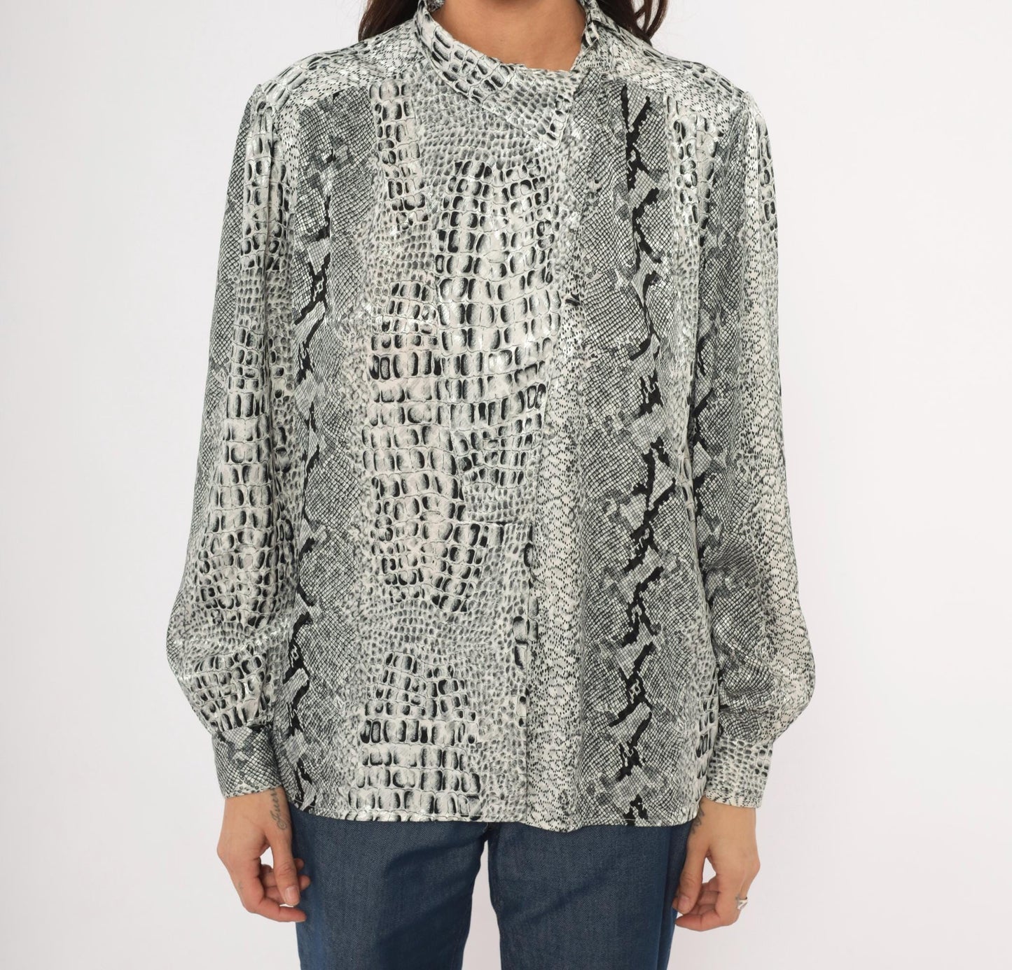 90s Tess Snakeskin Print Blouse Silver Grey Python Reptile Medium M