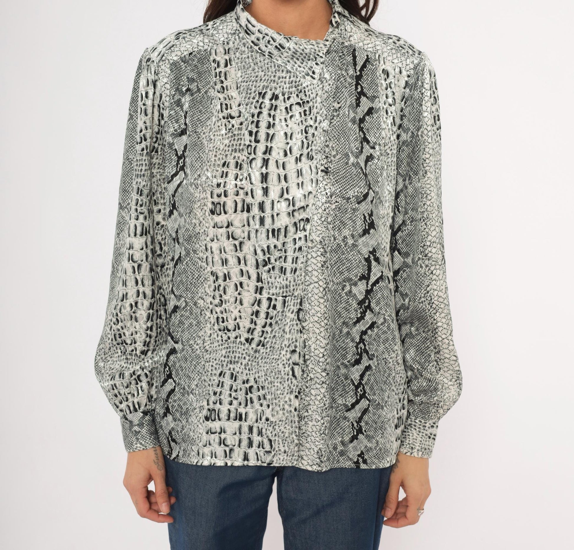 90s Tess Snakeskin Print Blouse Silver Grey Python Reptile Medium M