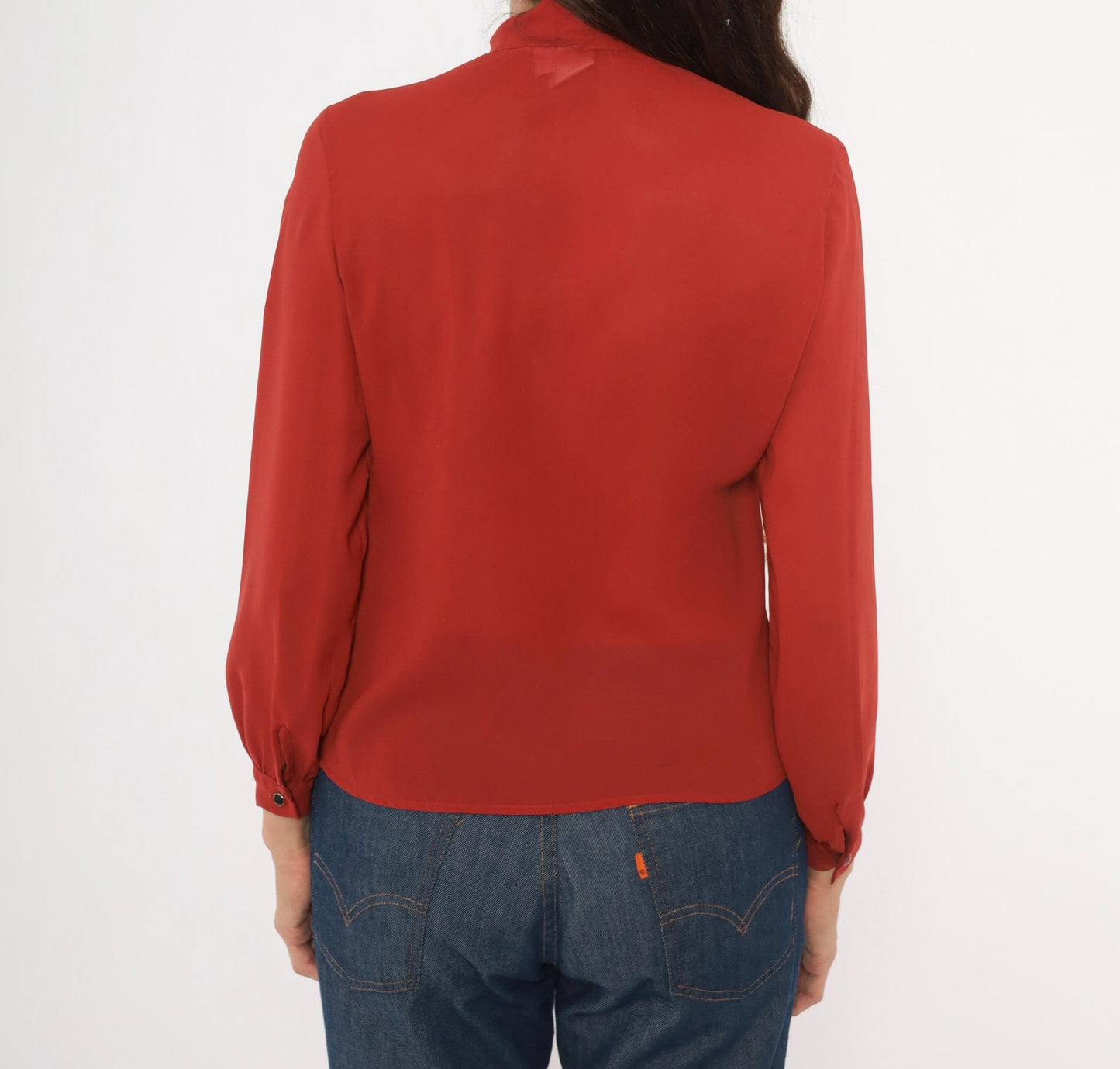 70s Kanga Petite Bow Neck Blouse Rust Terra Cotta Button Front Small