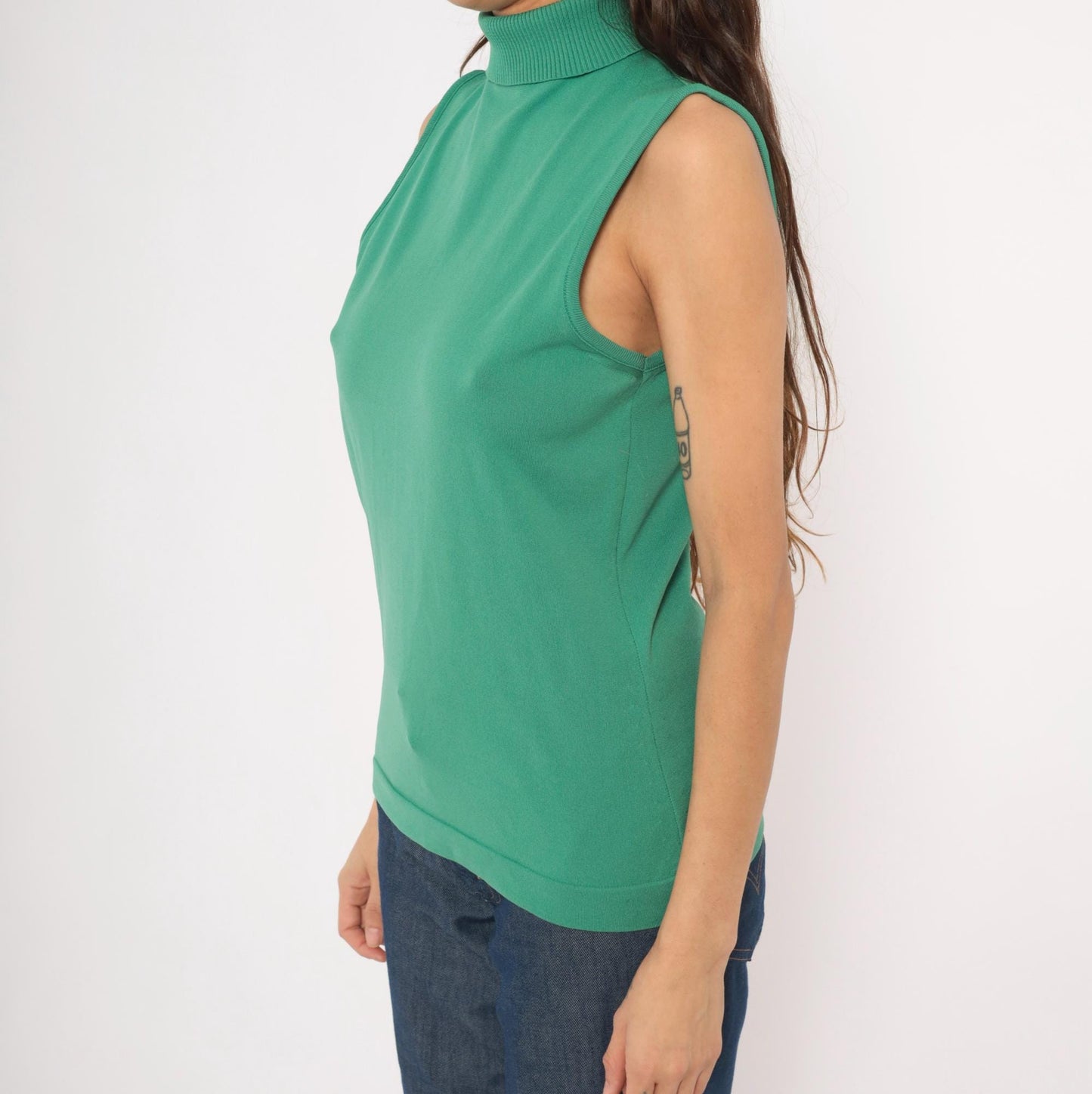 70s Sage Green Sleeveless Mock Neck Knit Tank Top Ribbed Shell Medium Large