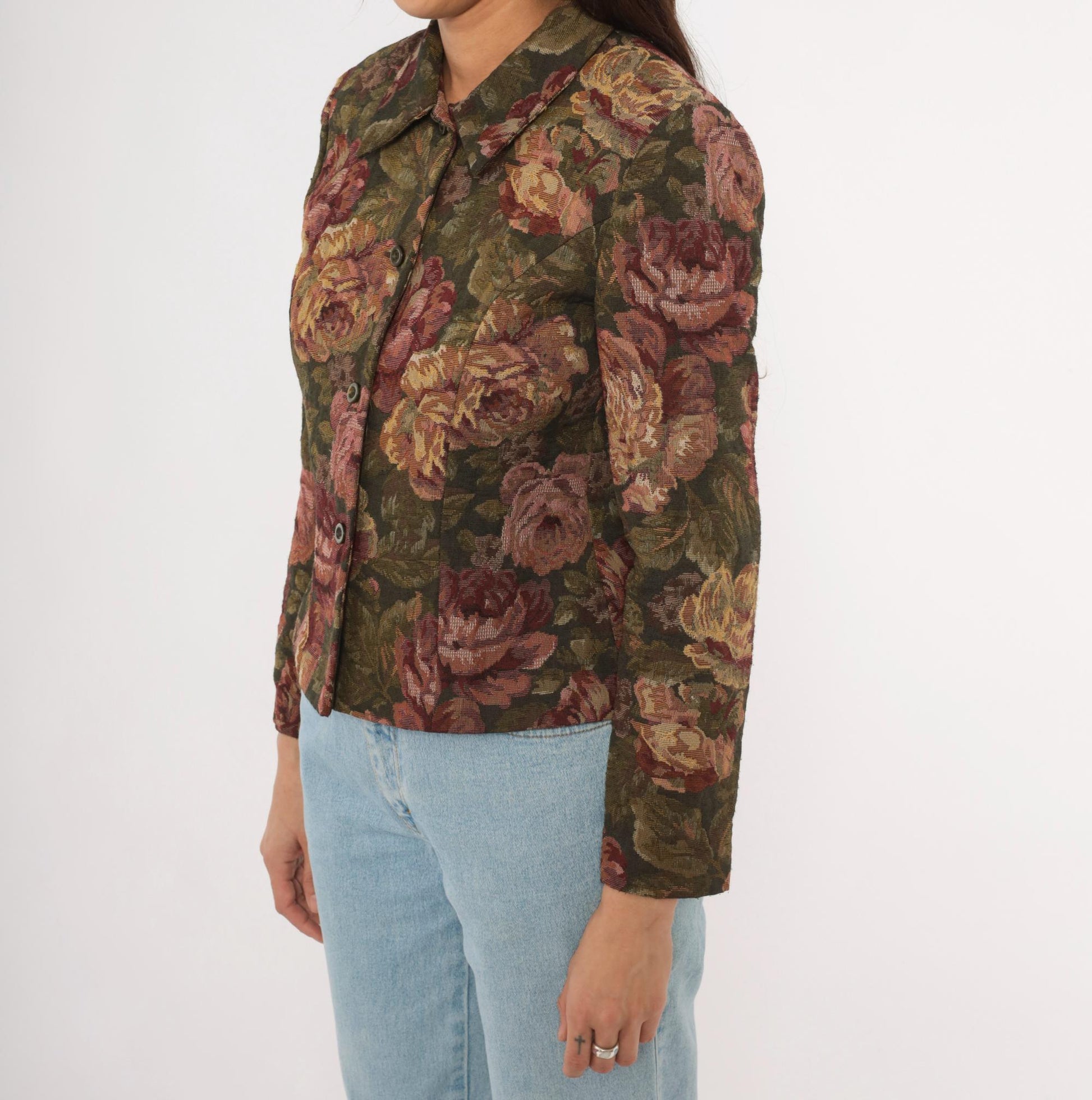 90s Jessica Howard Floral Tapestry Blazer Olive Burgundy Fitted XS
