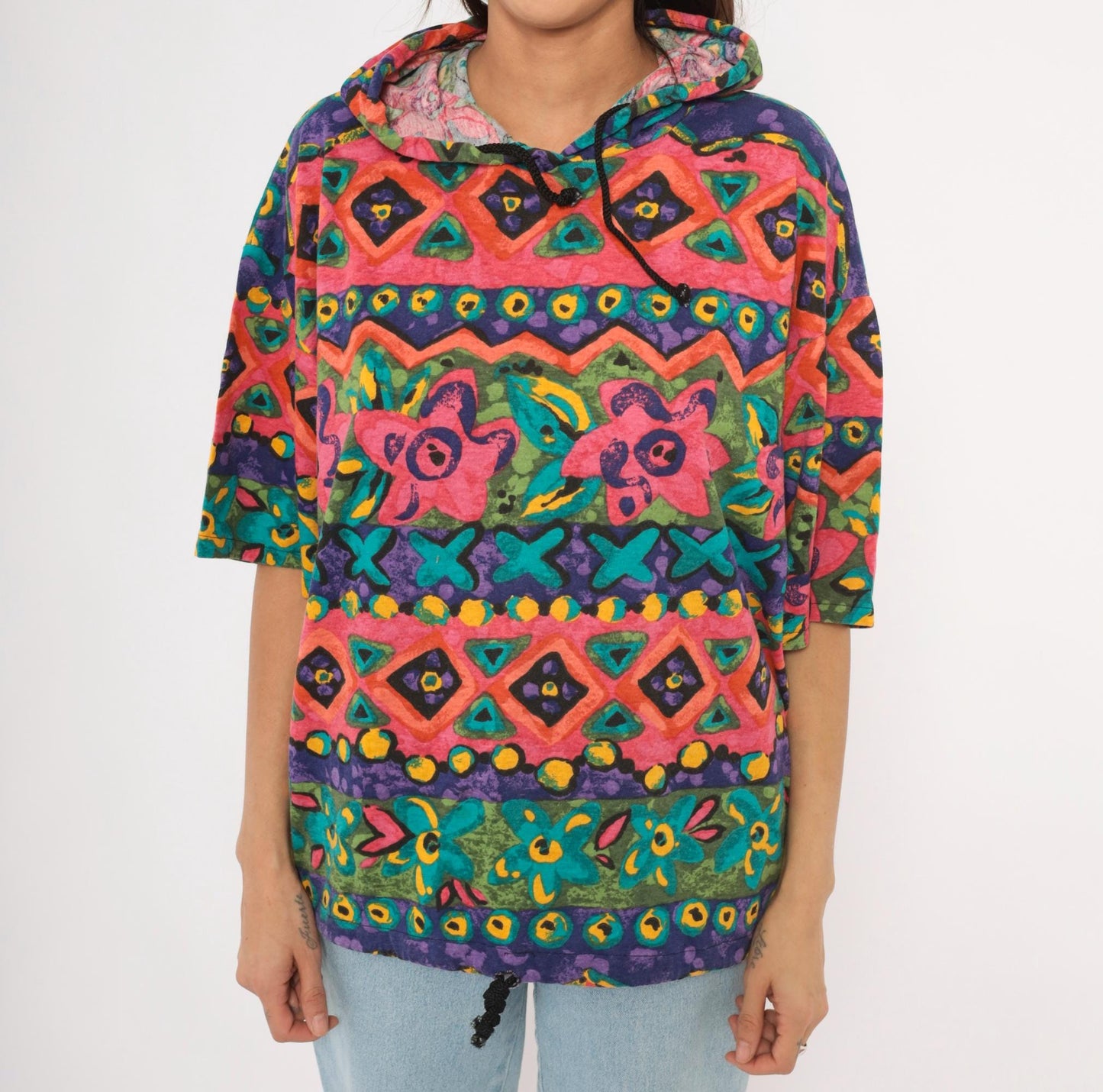 90s Lady John Tribal Hoodie Pink Teal Purple Geometric Floral Pullover One Size