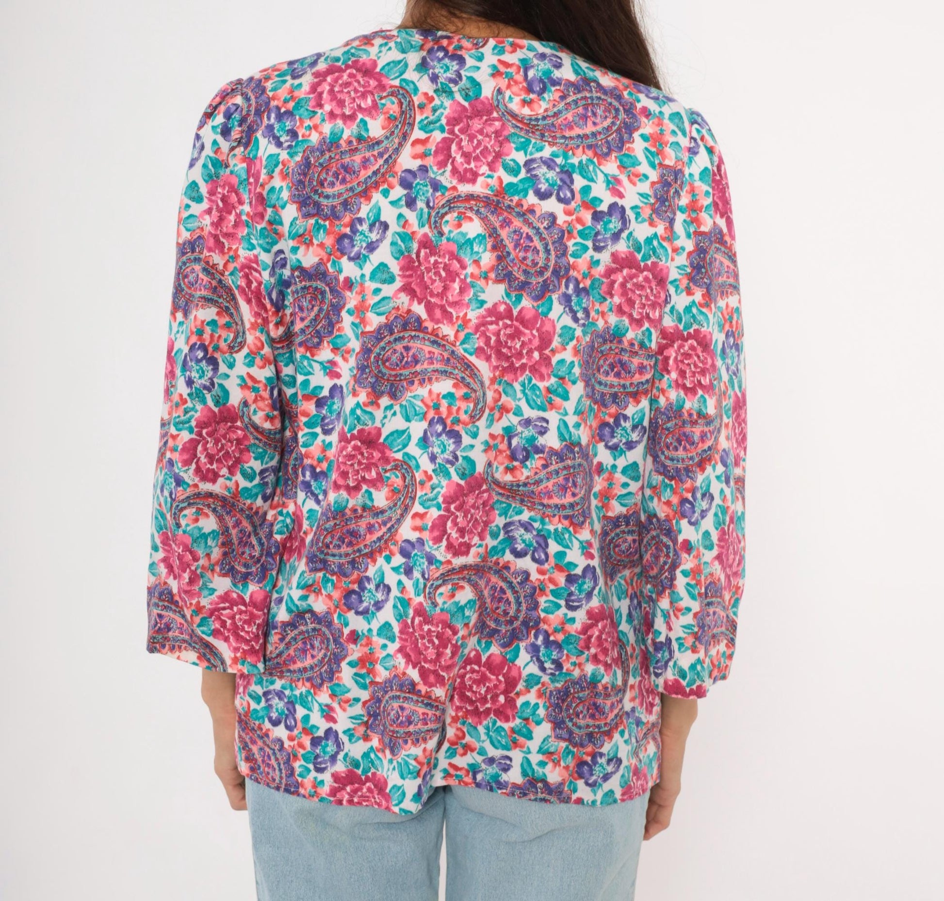 90s Worthington Floral Paisley Blouse Pink Teal Purple Three Quarter Sleeve Large L