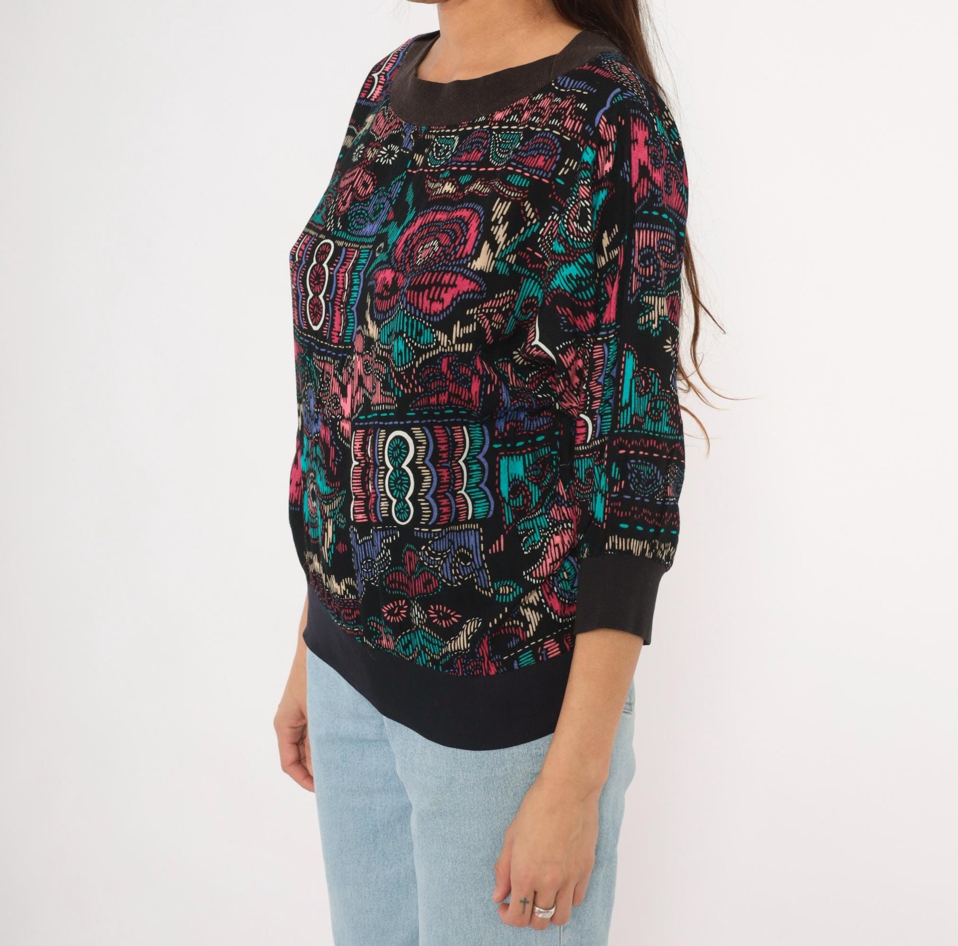 90s Abstract Pullover Blouse Boat Neck Teal Pink Black Graphic Medium M