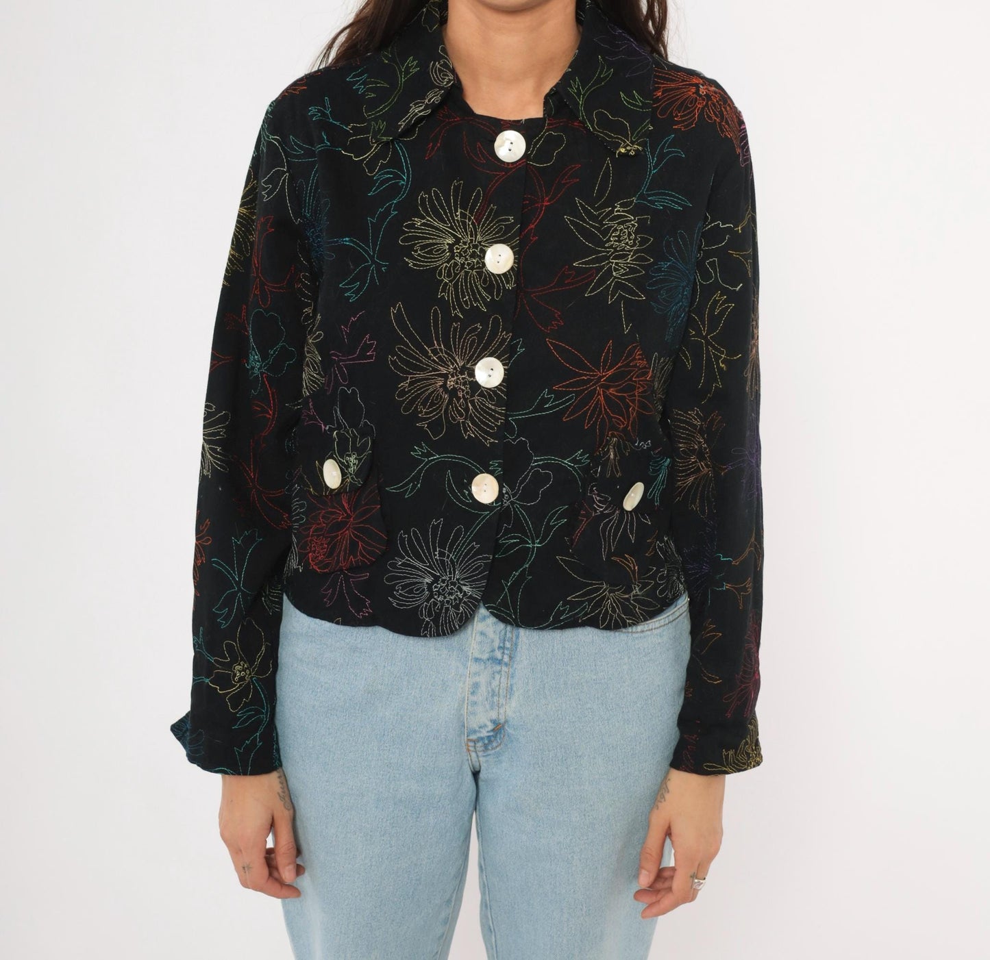 2000s Alex Kim Black Cropped Jacket Multicolor Floral Embroidery Large L
