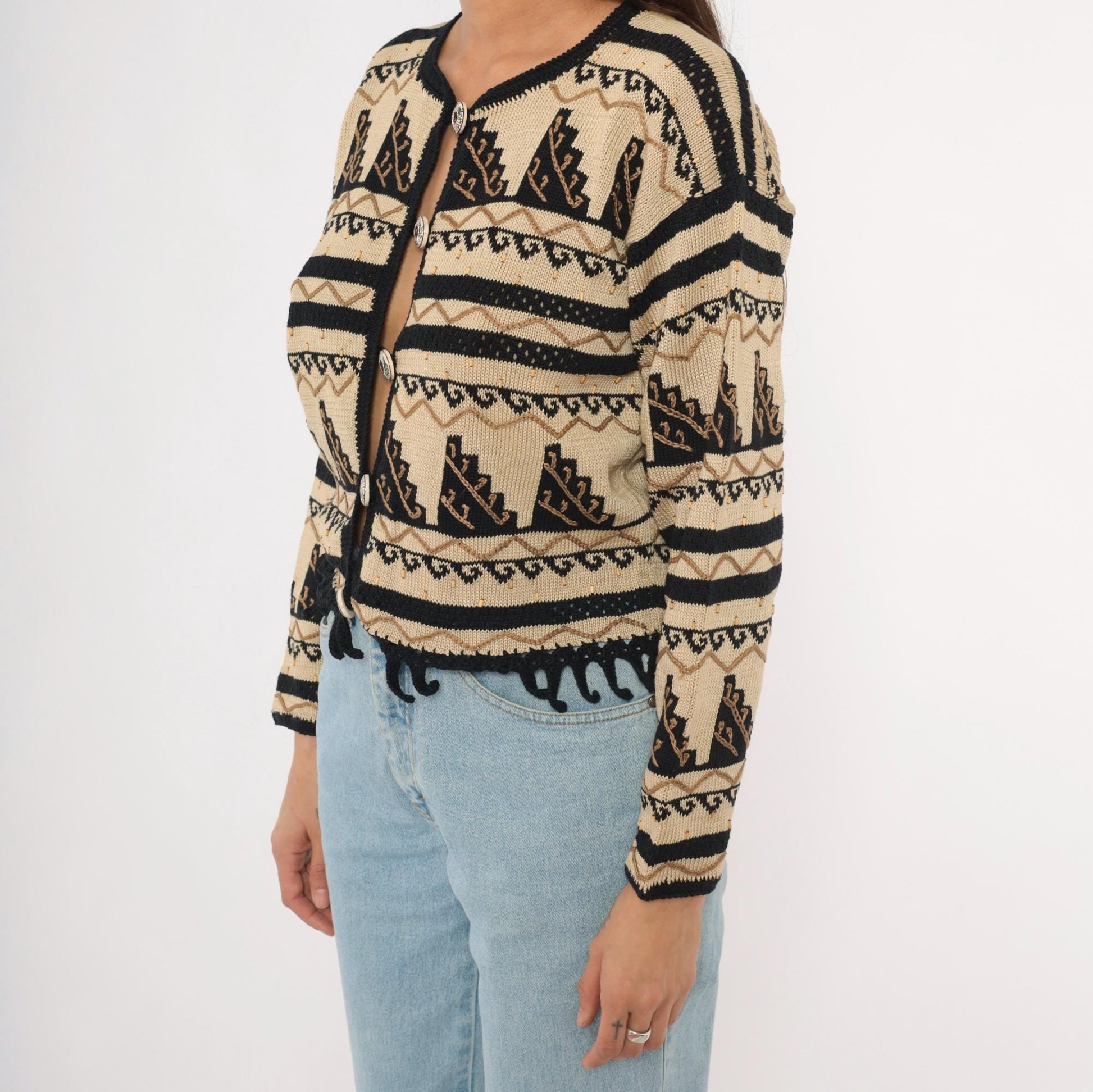 2000s Peruvian Connection Cardigan Cream Black Geometric Fringe Pima Cotton Medium M