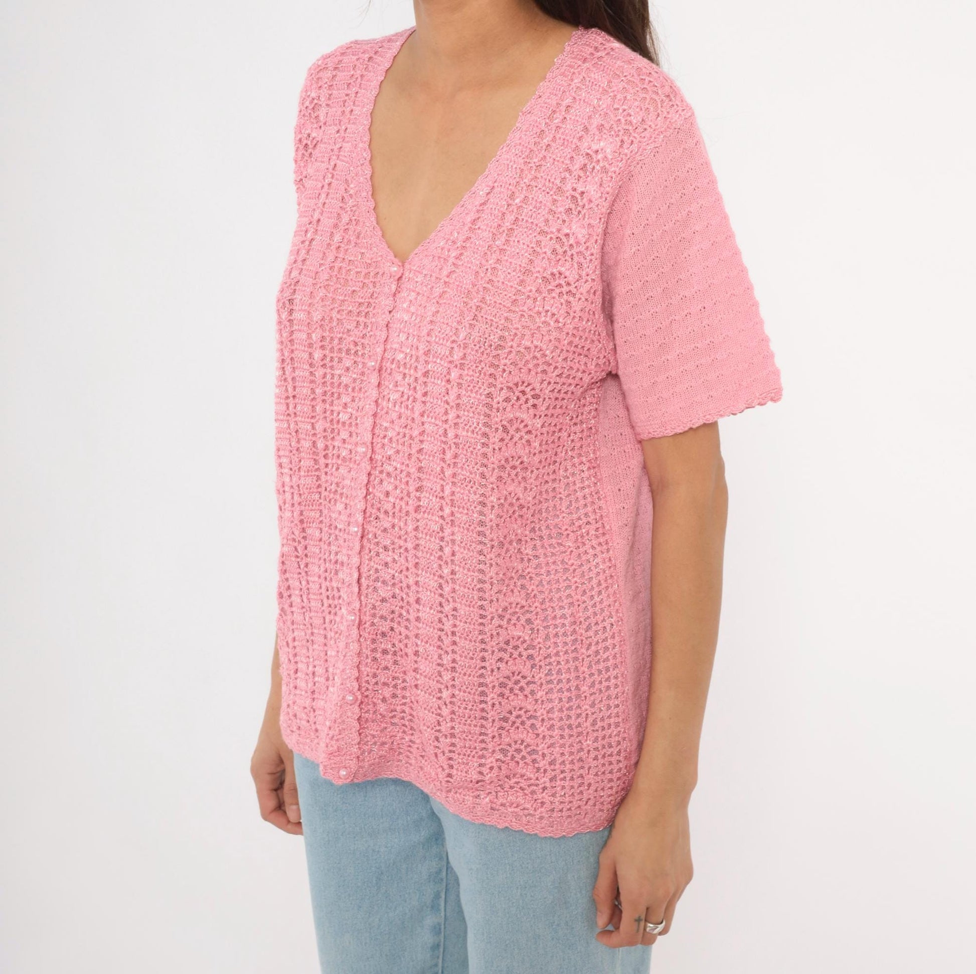 90s Jaclyn Smith Pink Crochet Cardigan V-Neck Scalloped Hem Large L