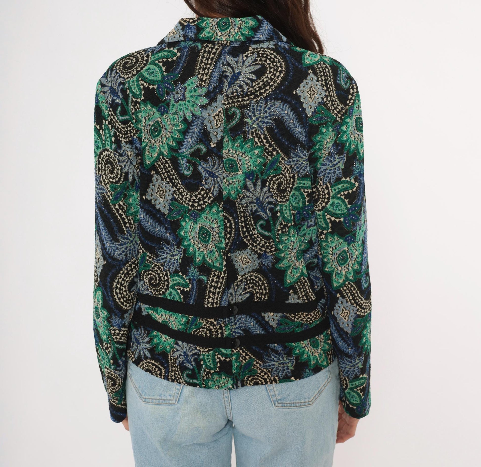 90s K Petite Paisley Blazer Emerald Green Navy Velvet Trim Cropped Large L